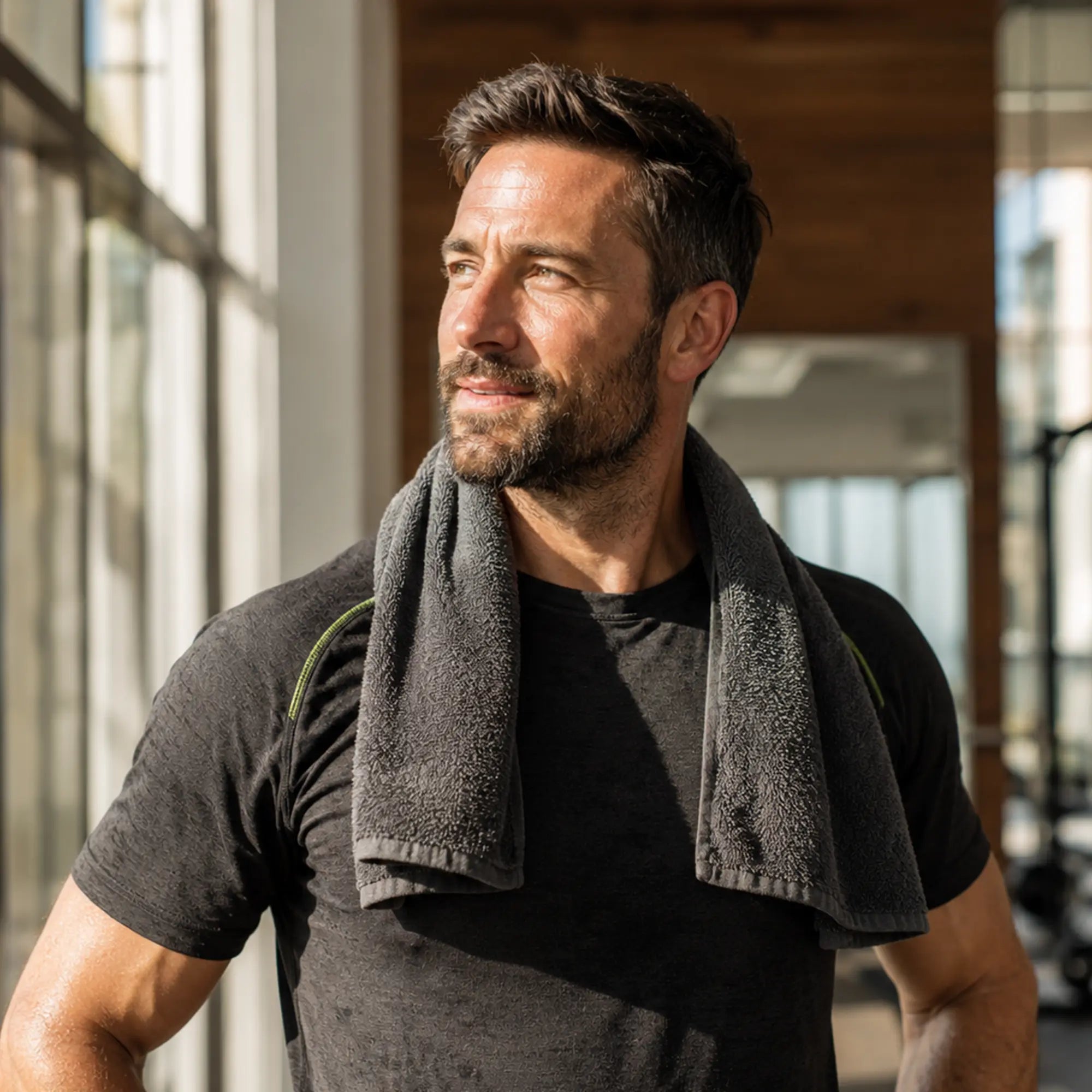 Male at gym with towel on shoulder