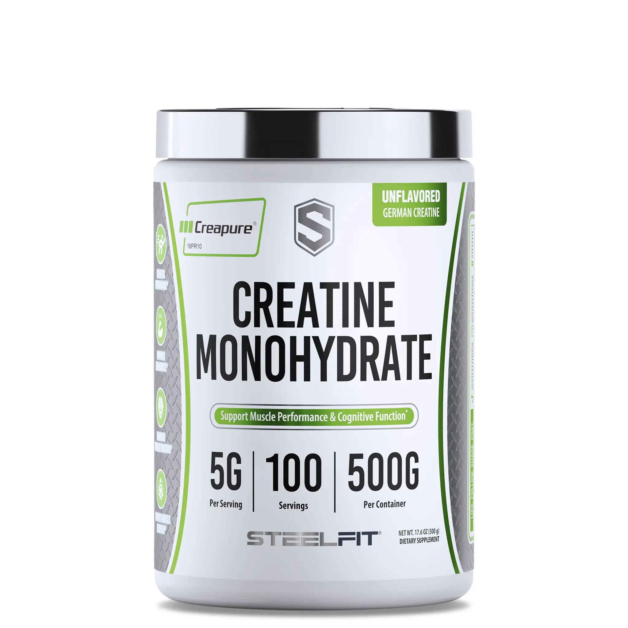 SteelFit Creatine Monohydrate 500 g tub, featuring Creapure® creatine for muscle performance and cognitive support; 5 g per serving, 100 servings.