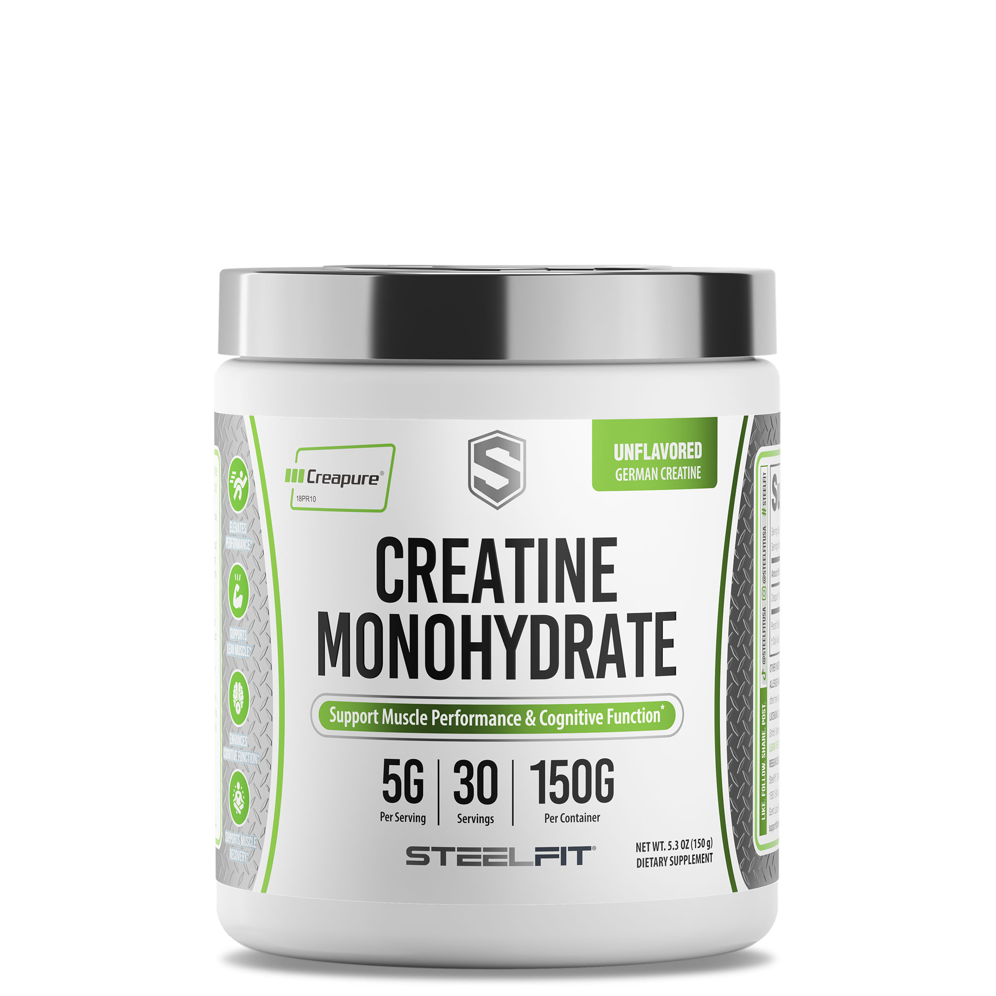 SteelFit Creatine Monohydrate tub featuring Creapure®, unflavored, 150g, supports muscle performance, cognitive function, enhances strength, and recovery with 5g per serving, 30 servings.