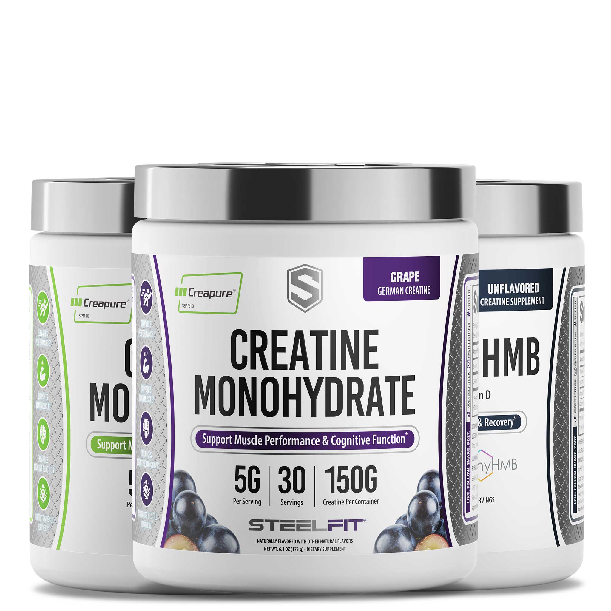 Ultimate Creatine Stack: Three SteelFit supplement tubs including grape-flavored Creatine Monohydrate, Watermelon Creapure®, and HMB for strength, recovery, and performance support.