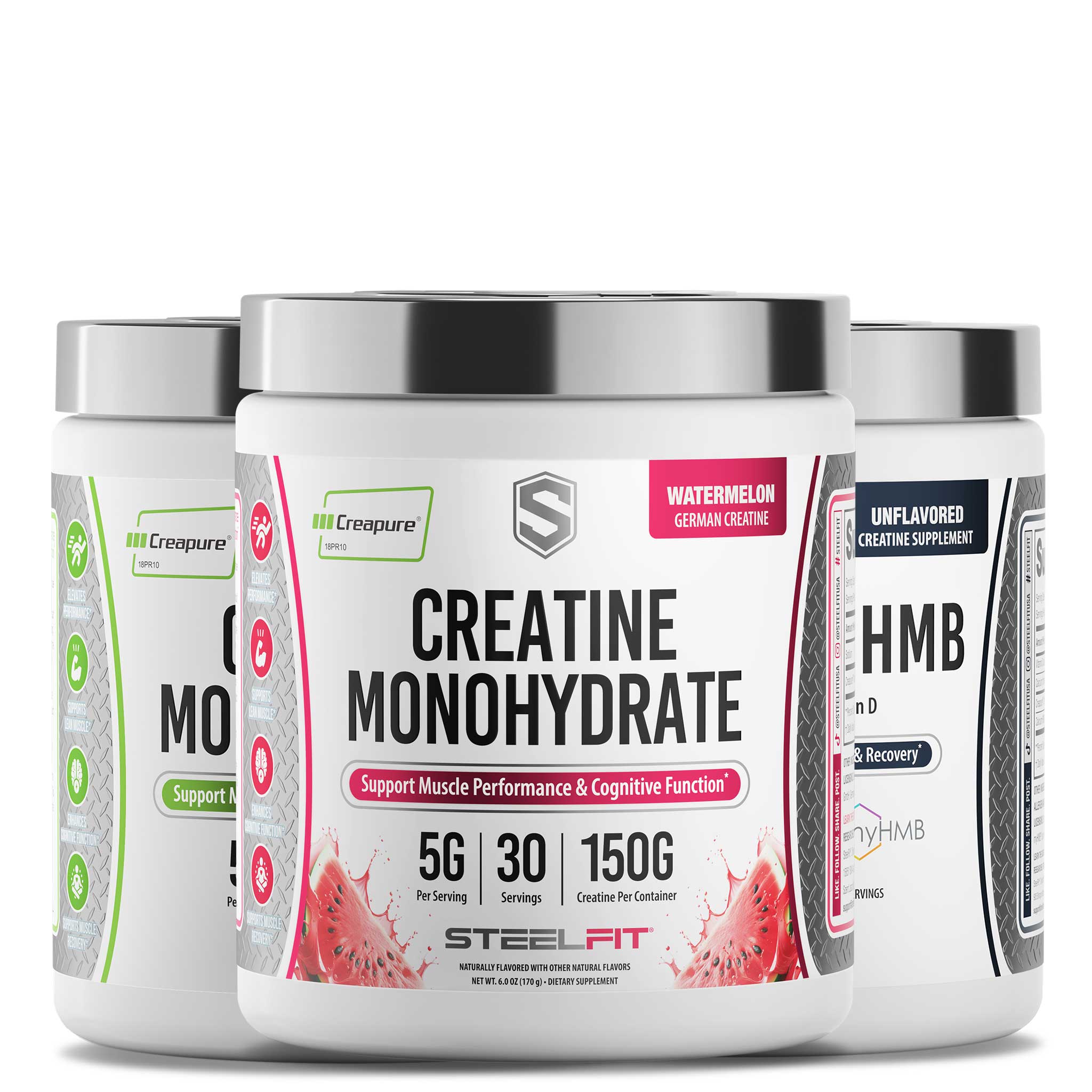 Ultimate Creatine Stack (Watermelon) by STEELFIT: three tubs of workout supplements, featuring Watermelon Creatine, Citrulline Malate, and HMB for strength, recovery, and performance.