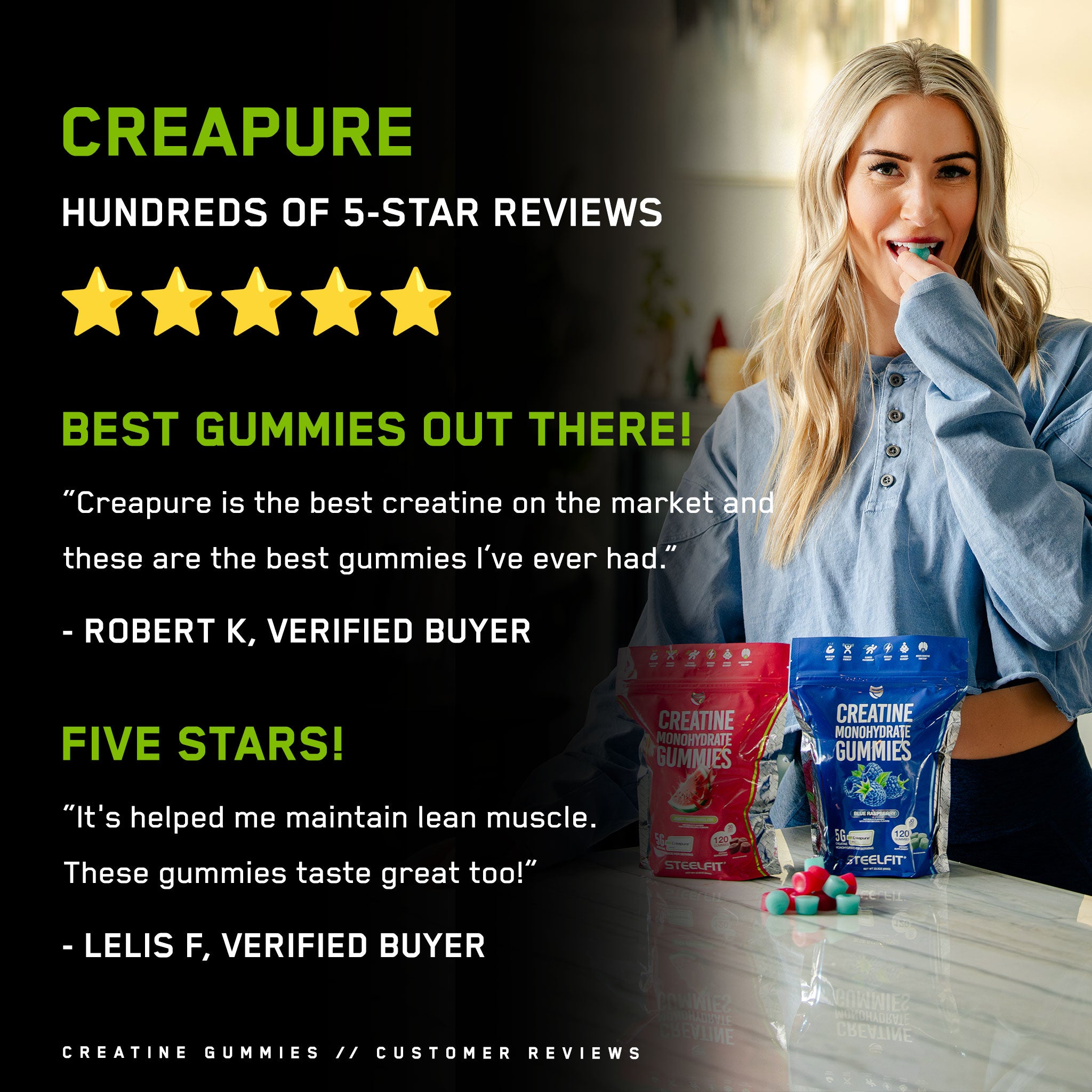 Woman holding a bag of Creatine Monohydrate Gummies, enhancing workouts with 5G Creapure® Creatine Monohydrate for a tastier fitness journey.