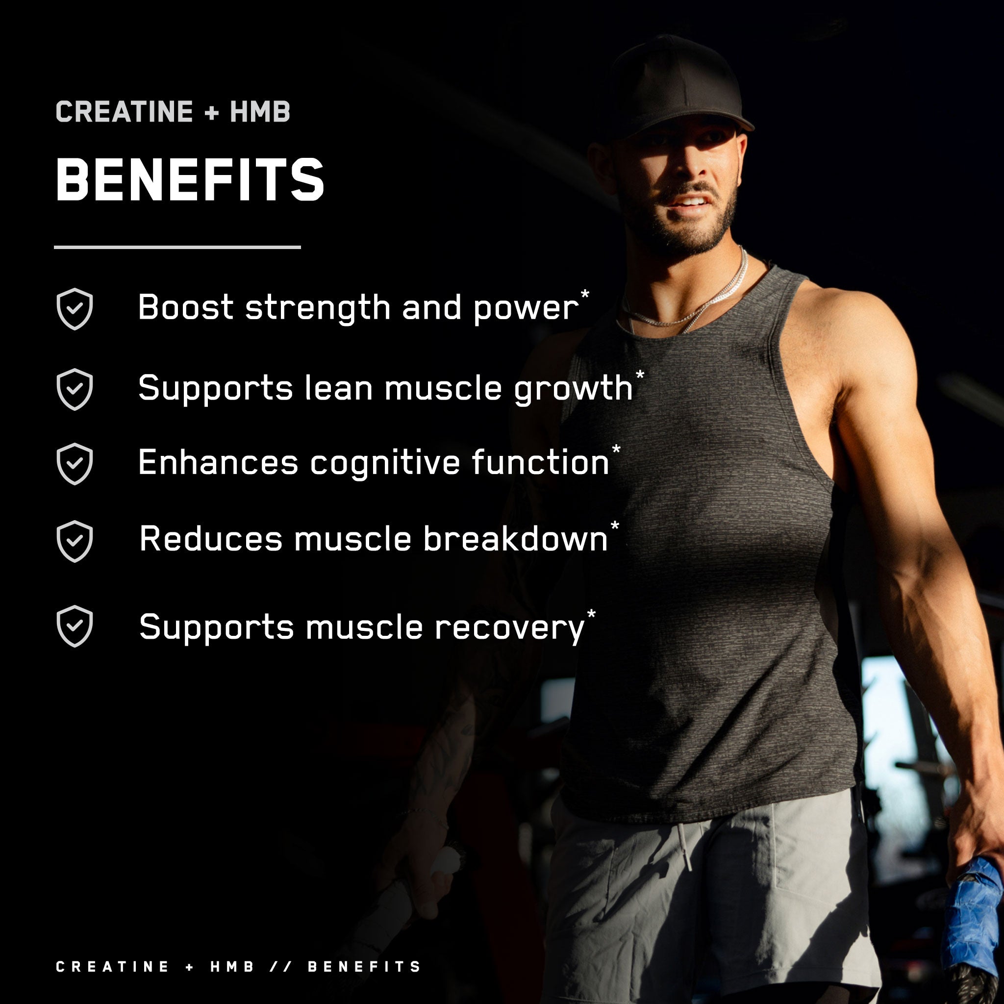 Creatine + HMB supplement benefits listed with a muscular man holding battle ropes, highlighting strength, muscle growth, and recovery benefits in a gym setting.