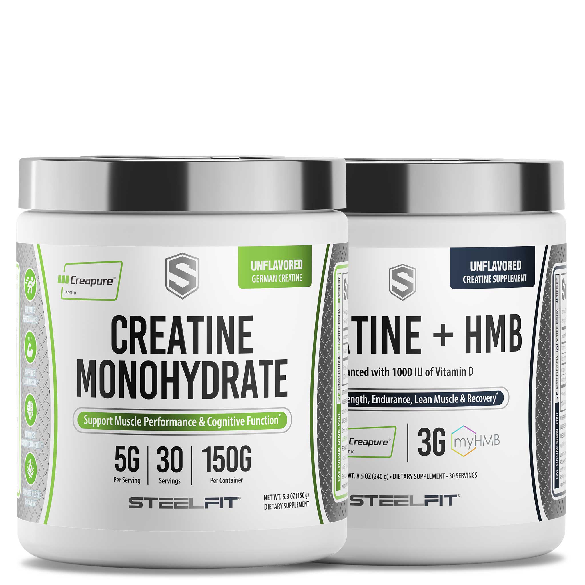 Ultimate Creatine Stack: Two SteelFit tubs—Creatine Monohydrate for muscle performance and Creatine + HMB for strength and recovery, both unflavored, 30 servings each.