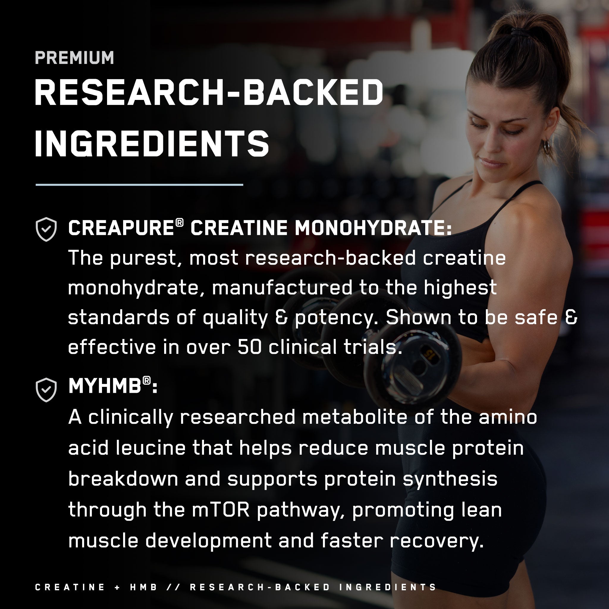Promotional image for SteelFit® Creatine + HMB, featuring research-backed Creapure® and MyHMB® ingredients, supporting strength, endurance, lean muscle, and recovery, with a fit woman in a gym.