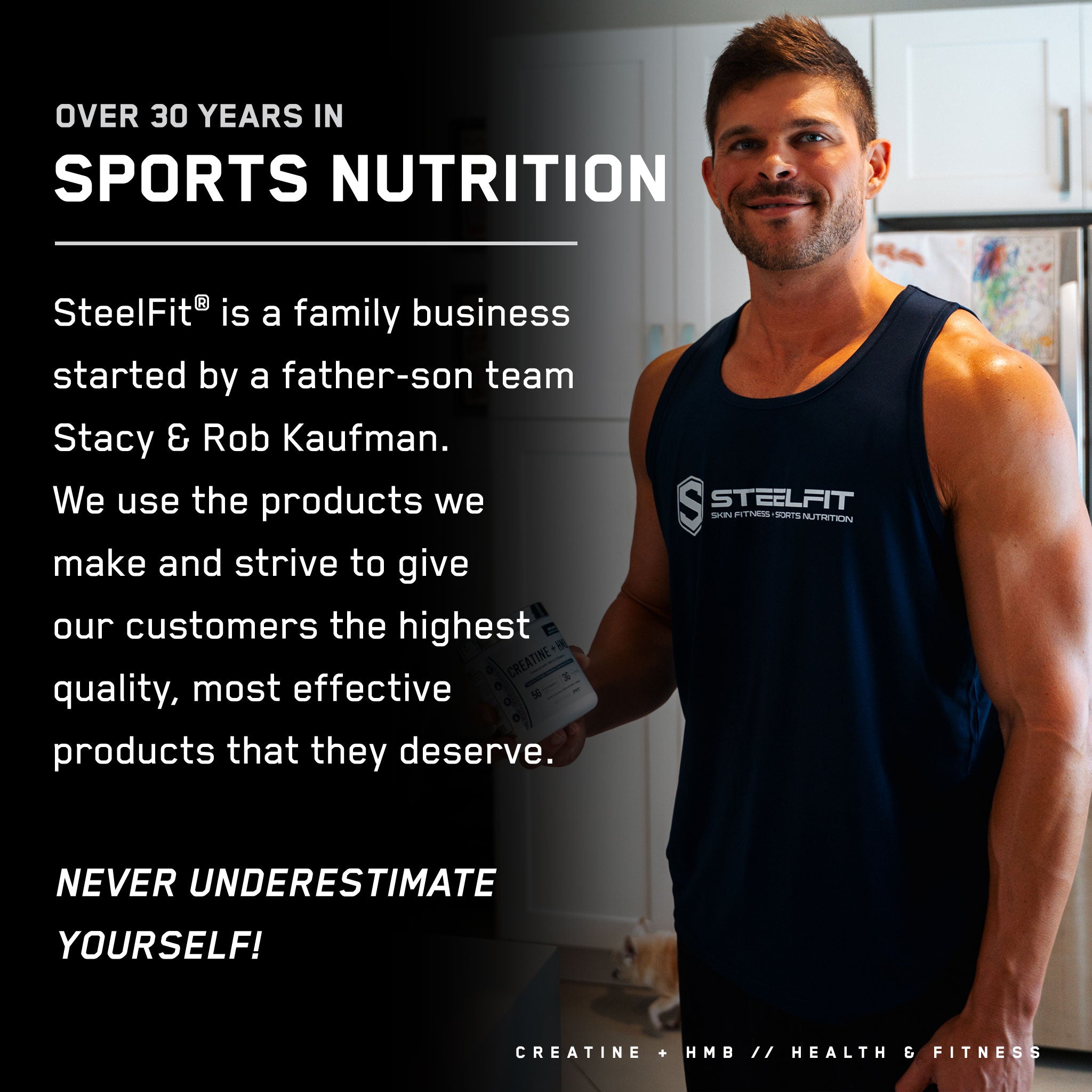 Muscular man in SteelFit tank top holds Creatine + HMB supplement, promoting strength, endurance, and recovery with Creapure® Creatine and myHMB® for enhanced muscle function.