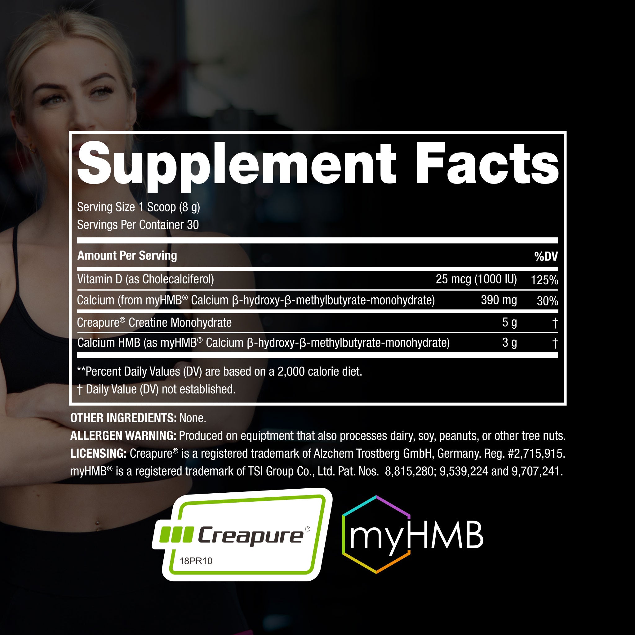 Supplement Facts label for SteelFit® Creatine + HMB powder, highlighting key ingredients: Creapure® Creatine Monohydrate, myHMB®, and Vitamin D. Supports strength, endurance, lean muscle, and recovery.
