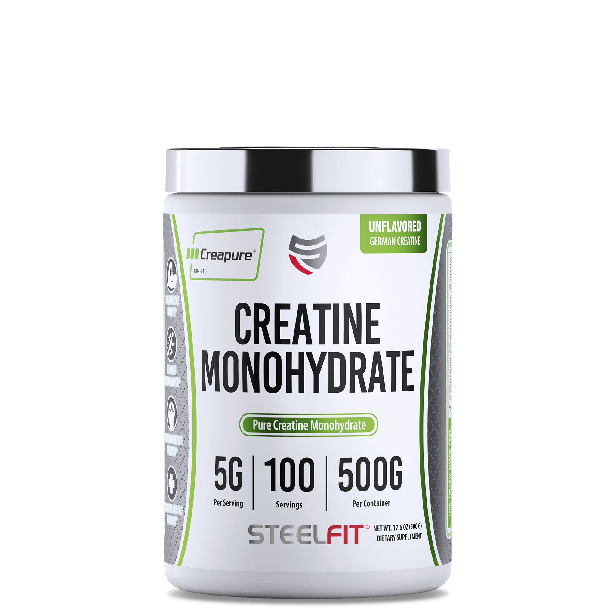 White container labeled Creatine Monohydrate featuring Creapure®, promoting muscular performance, strength, and recovery, associated with SteelFit USA's sports nutrition range.