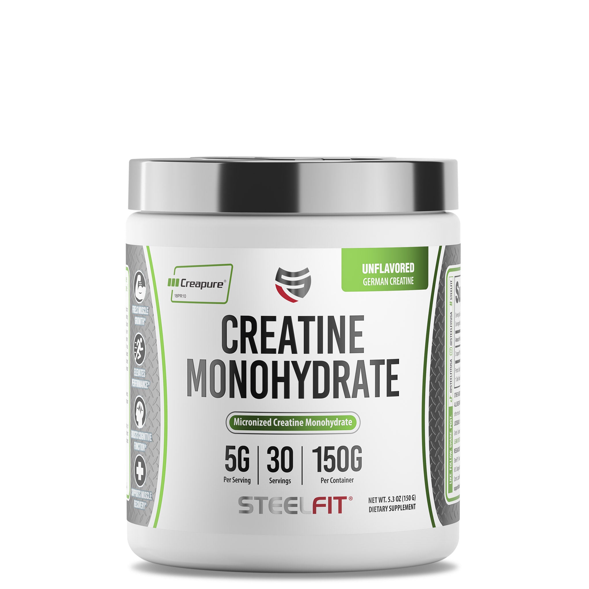 White container with silver lid labeled Creatine Monohydrate, featuring Creapure® for enhanced muscular performance, cognitive function, and recovery. Made in Germany, from SteelFit USA.