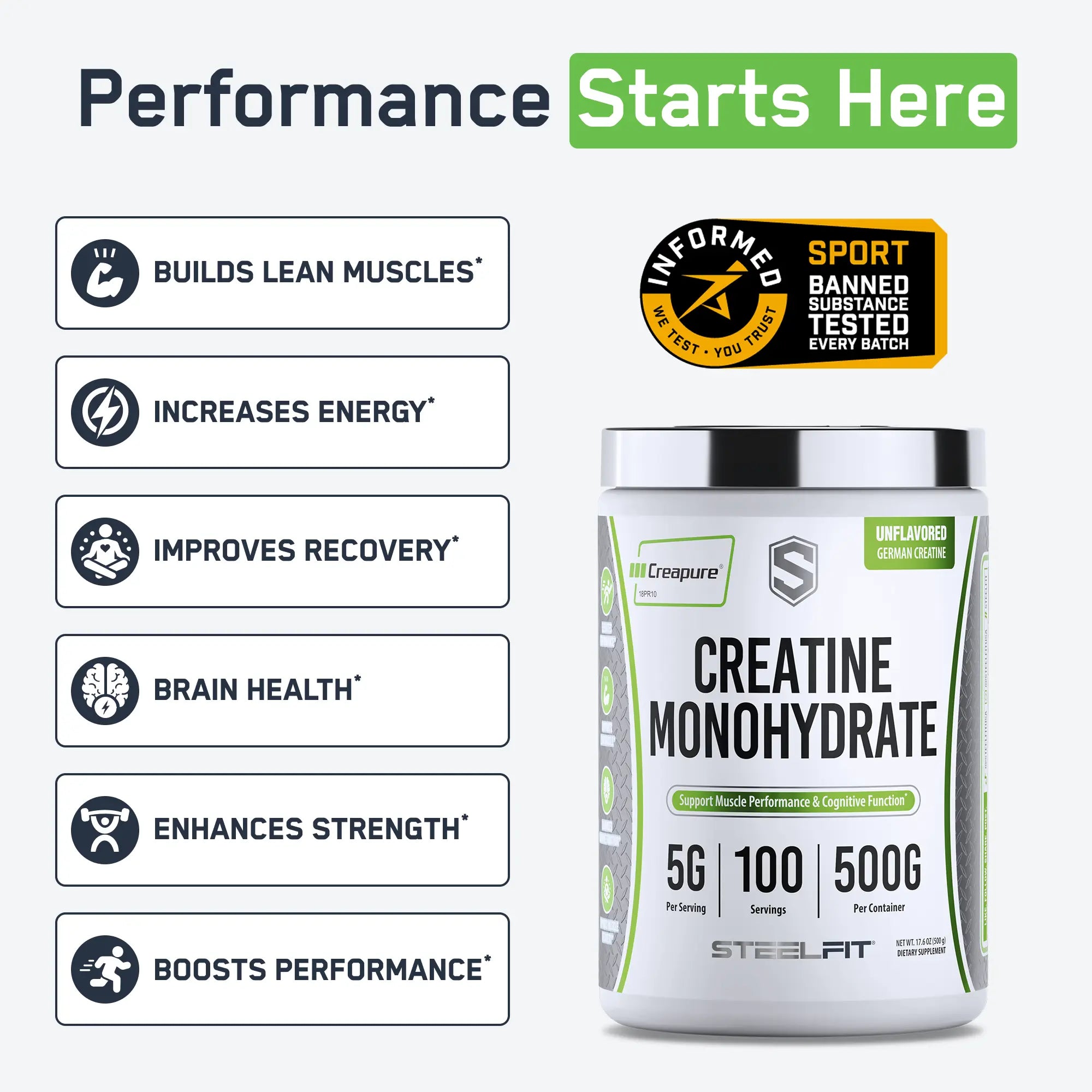 SteelFit Creatine Monohydrate tub featuring Creapure® for muscle building, energy boost, recovery, and brain health; 100 servings, Informed-Sport tested for banned substances.