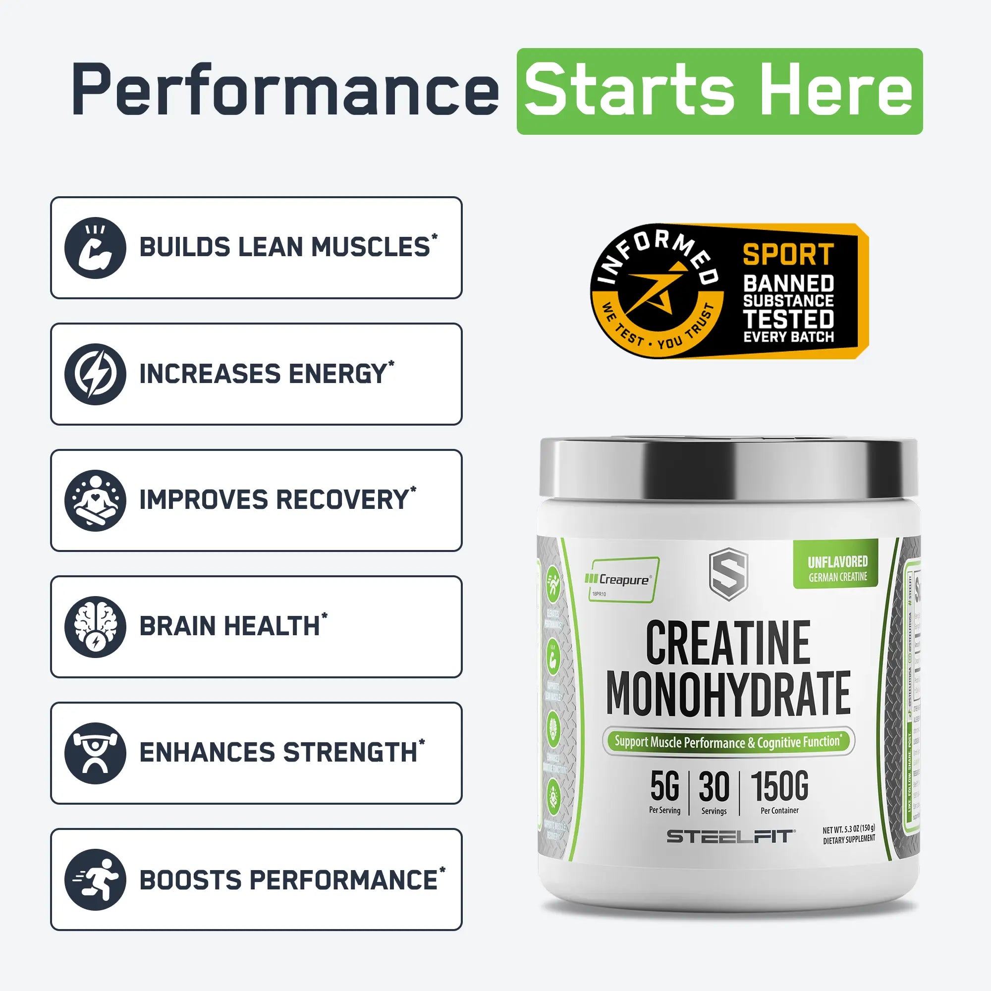 STEELFIT Creatine Monohydrate tub with 5g per serving, 30 servings. Promotes muscle growth, energy, recovery, brain health, strength, and performance. Verified for banned substances.