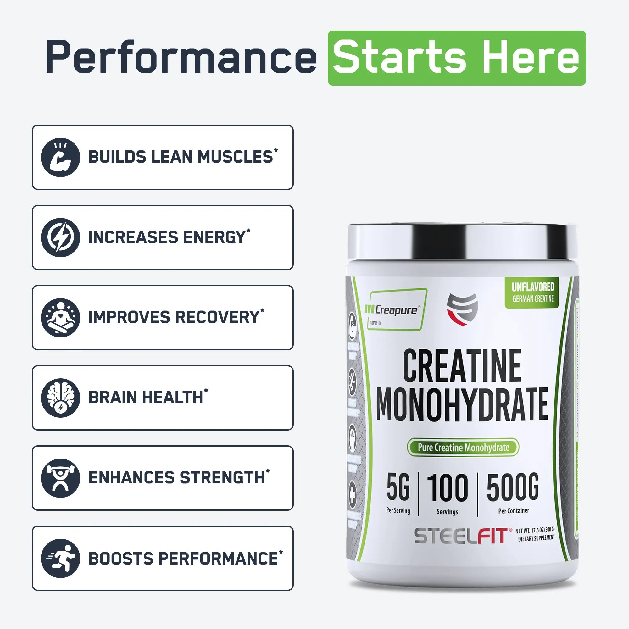 SteelFit Creatine Monohydrate supplement, featuring Creapure®, enhances performance, strength, and recovery, with 500g per container, benefiting muscle and brain health.