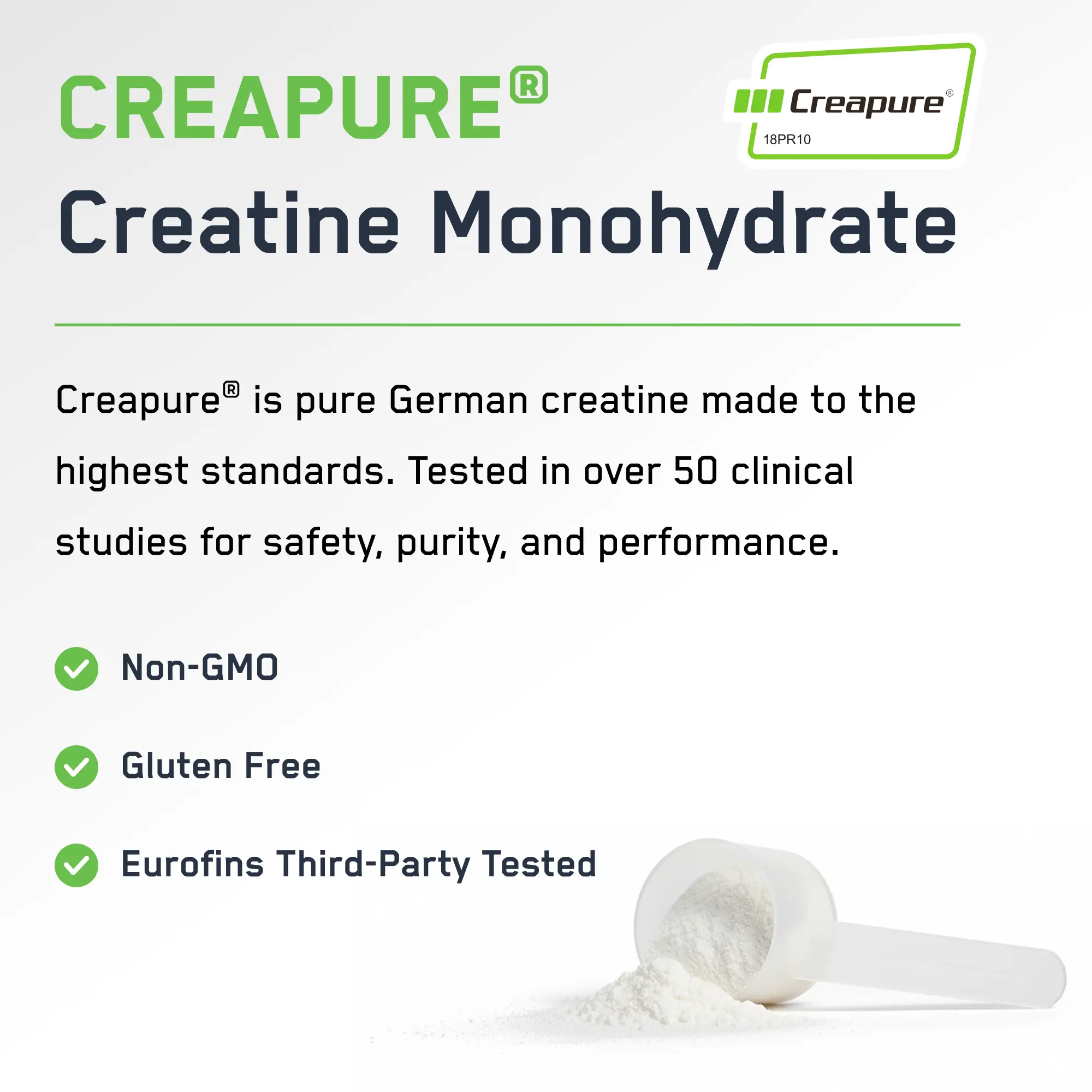 Creapure® Creatine Monohydrate graphic highlighting non-GMO, gluten-free, Eurofins tested claims, with a scoop of creatine powder, emphasizing enhanced muscular performance and cognitive function.
