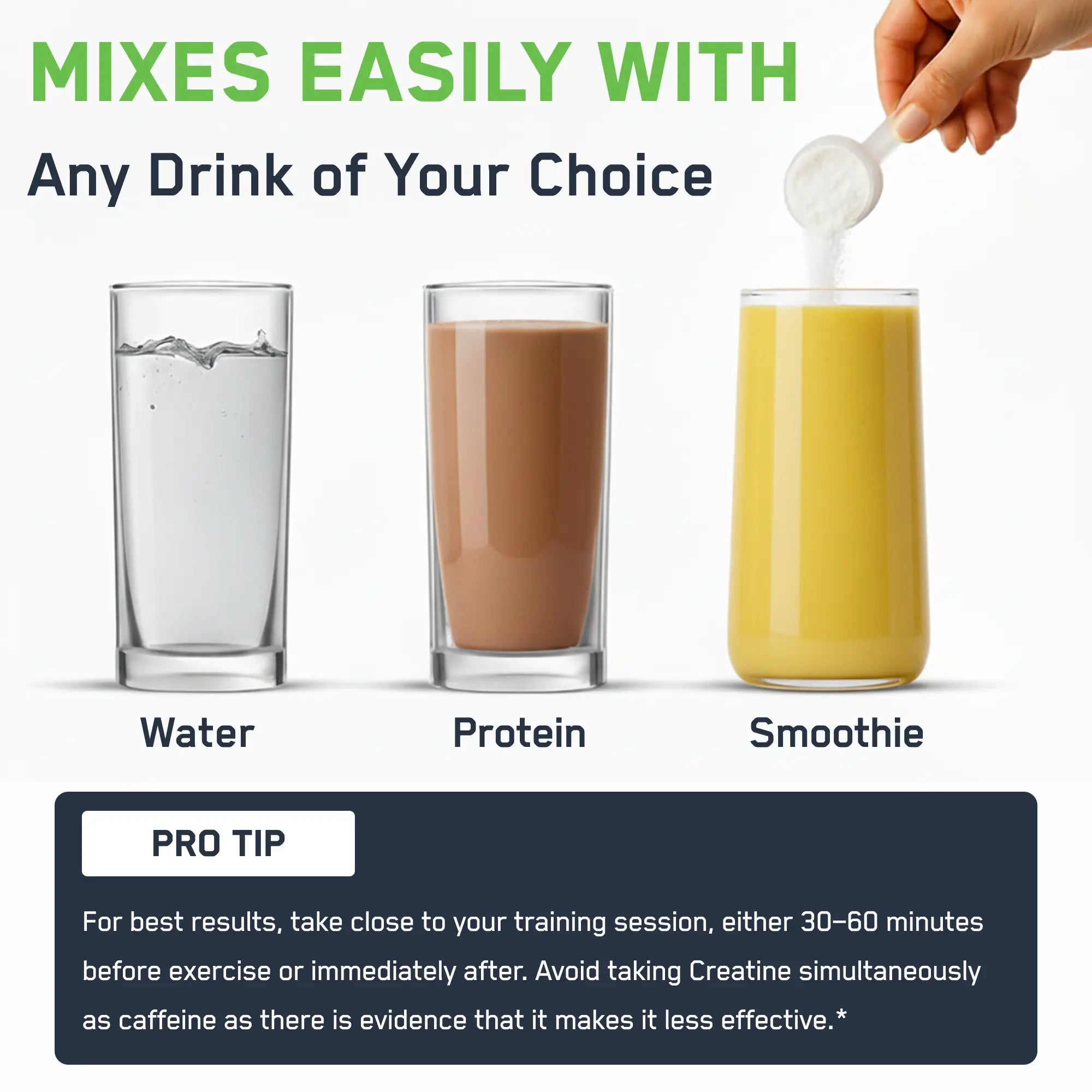 Creatine Monohydrate ad shows a scoop being added to a smoothie, highlighting easy mixing with drinks, optimal pre/post-training use, and avoiding caffeine.