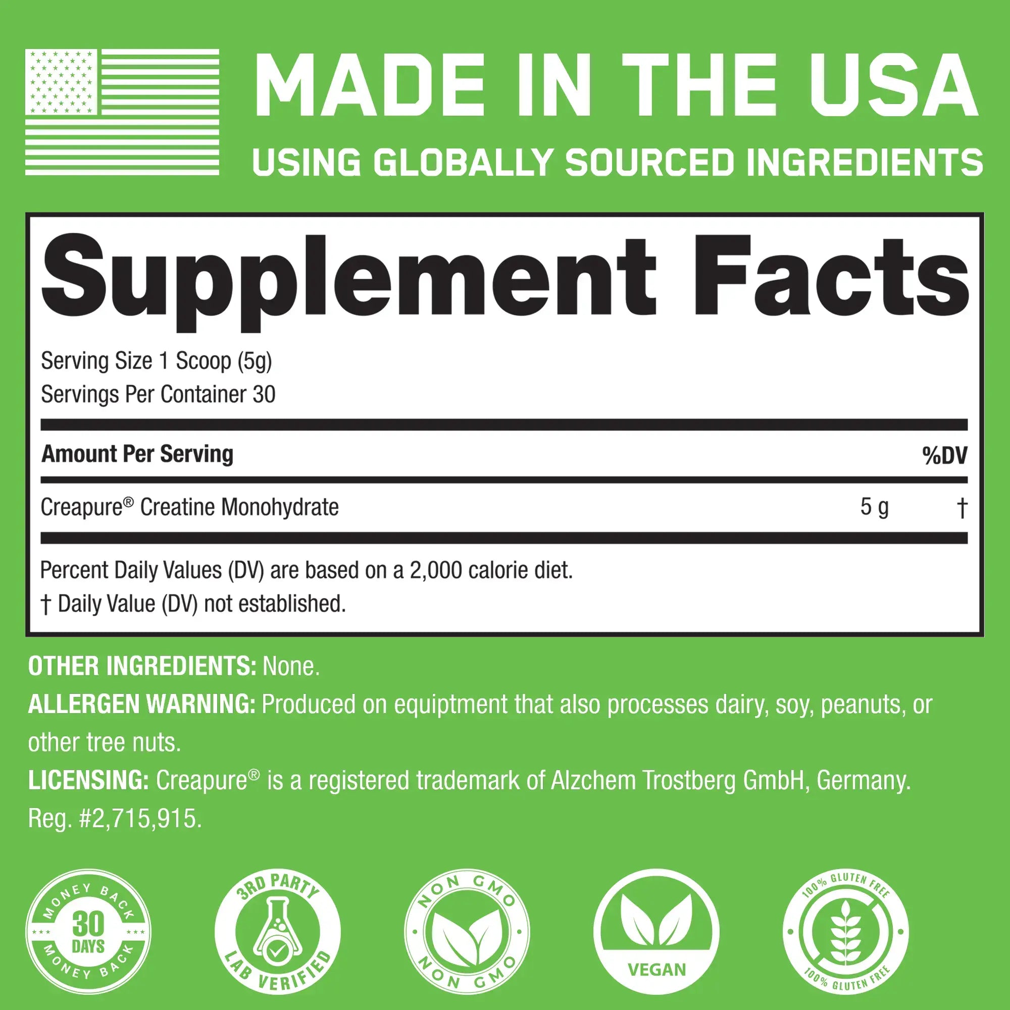 Creatine Monohydrate label showing supplement facts, Creapure® content, allergen warning, and icons for vegan, gluten-free, non-GMO, enhancing performance and recovery.