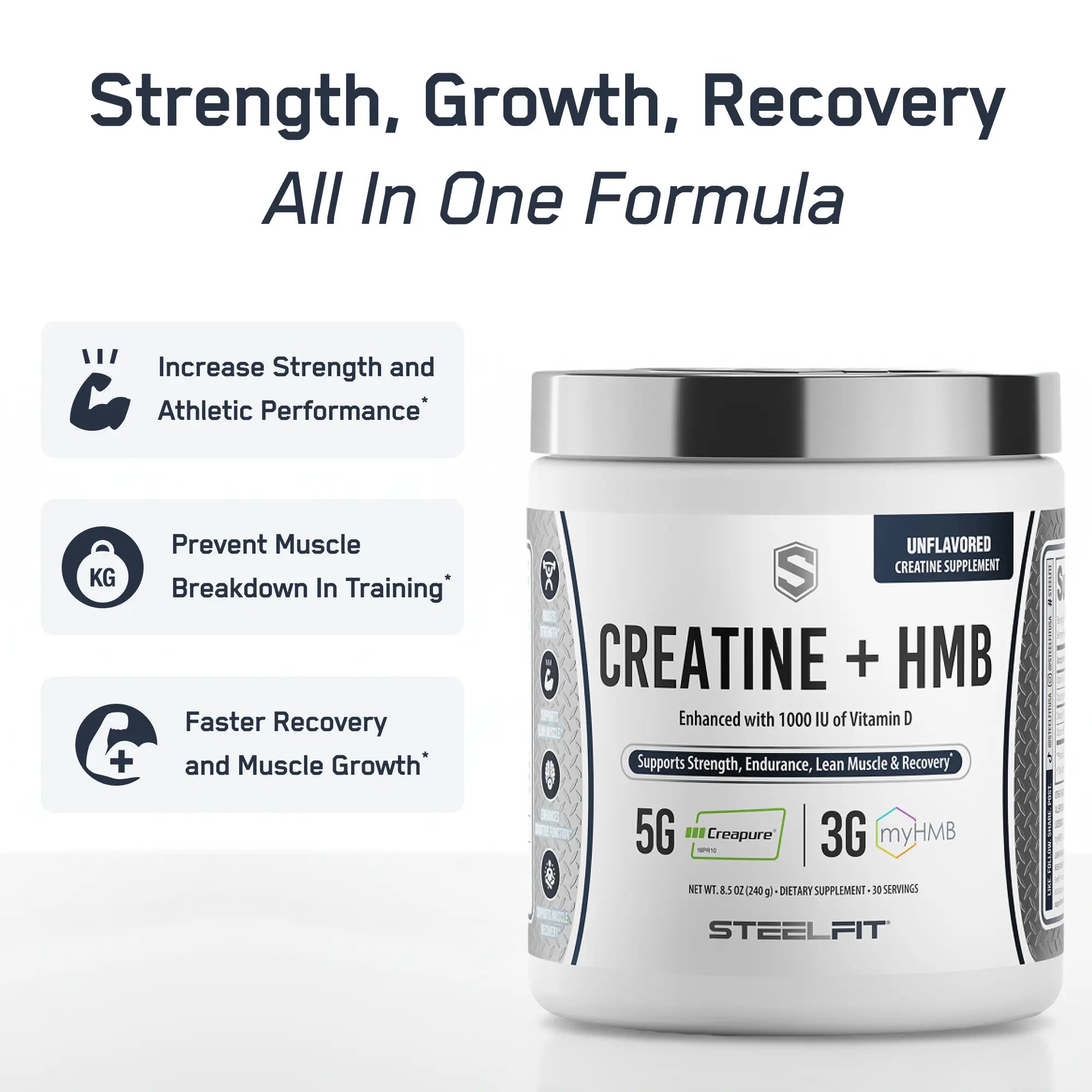 STEELFIT's CREATINE + HMB supplement tub, promoting strength, growth, recovery; features Creapure® creatine, myHMB®, and vitamin D for enhanced muscle performance and faster recovery.