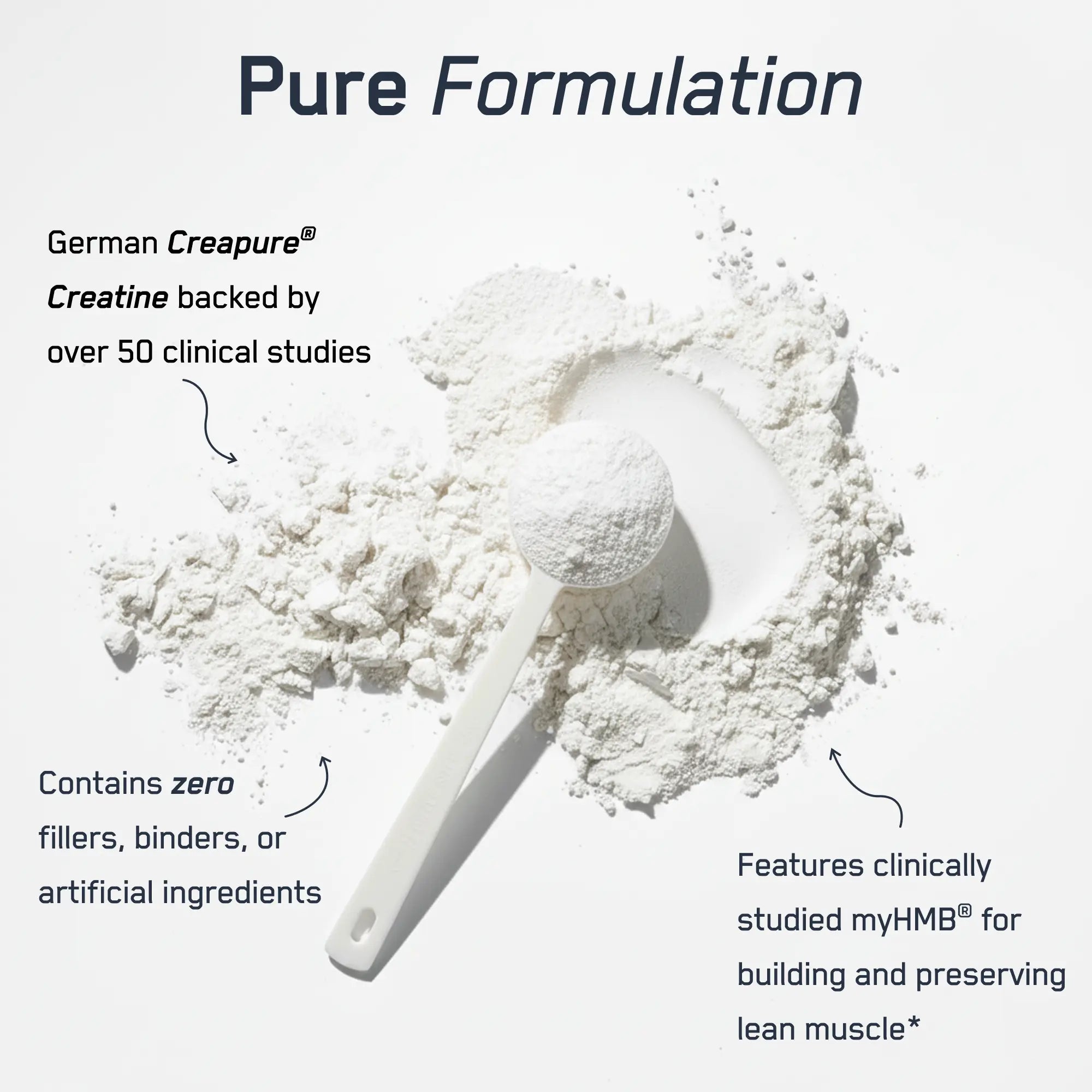SteelFit® Creatine + HMB powder with scoop, featuring Creapure® Creatine and myHMB® for lean muscle support, strength, and recovery, highlighted by clinical studies.