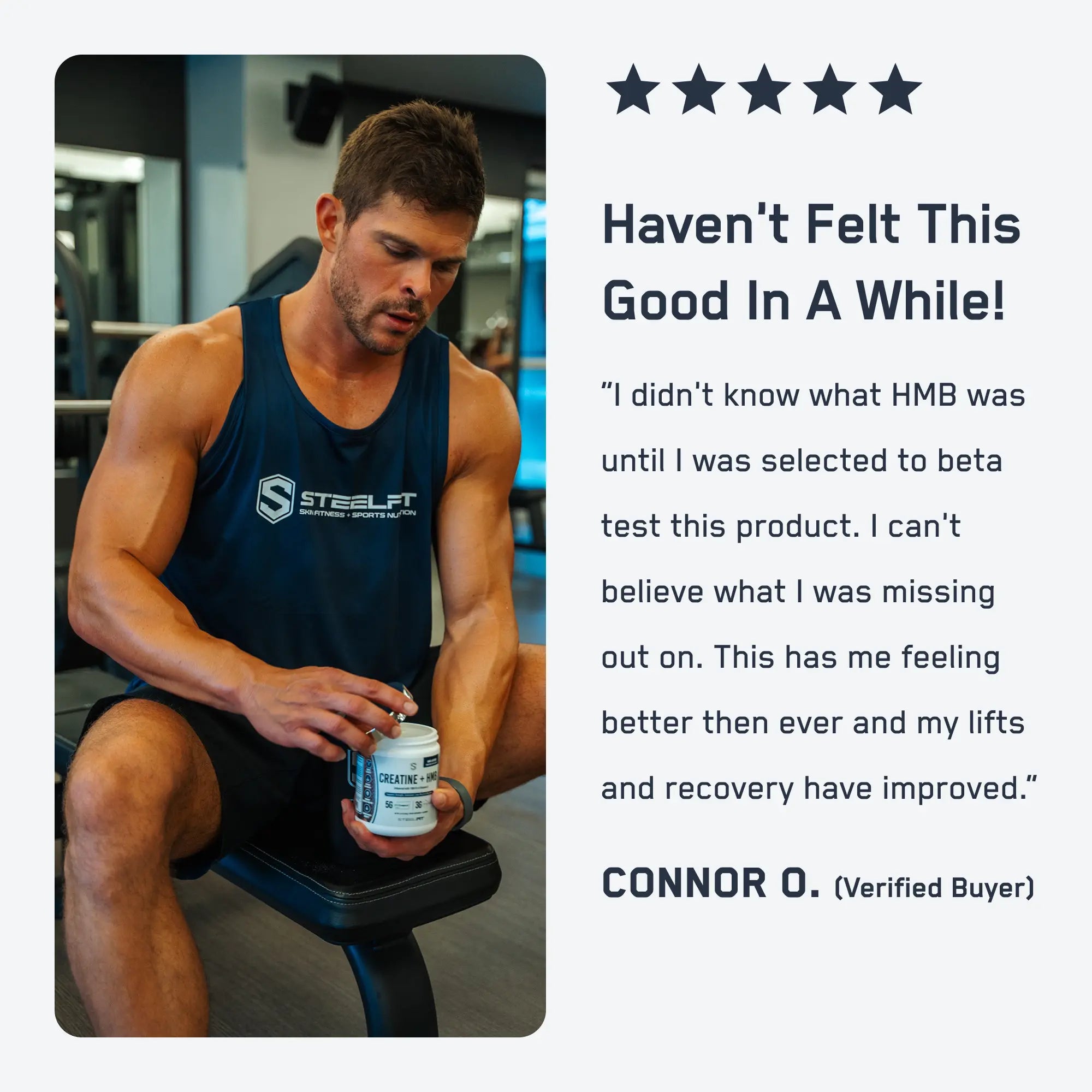 Muscular man opening SteelFit Creatine + HMB in gym, with testimonial highlighting improved lifts and recovery, featuring five-star rating and user quote.