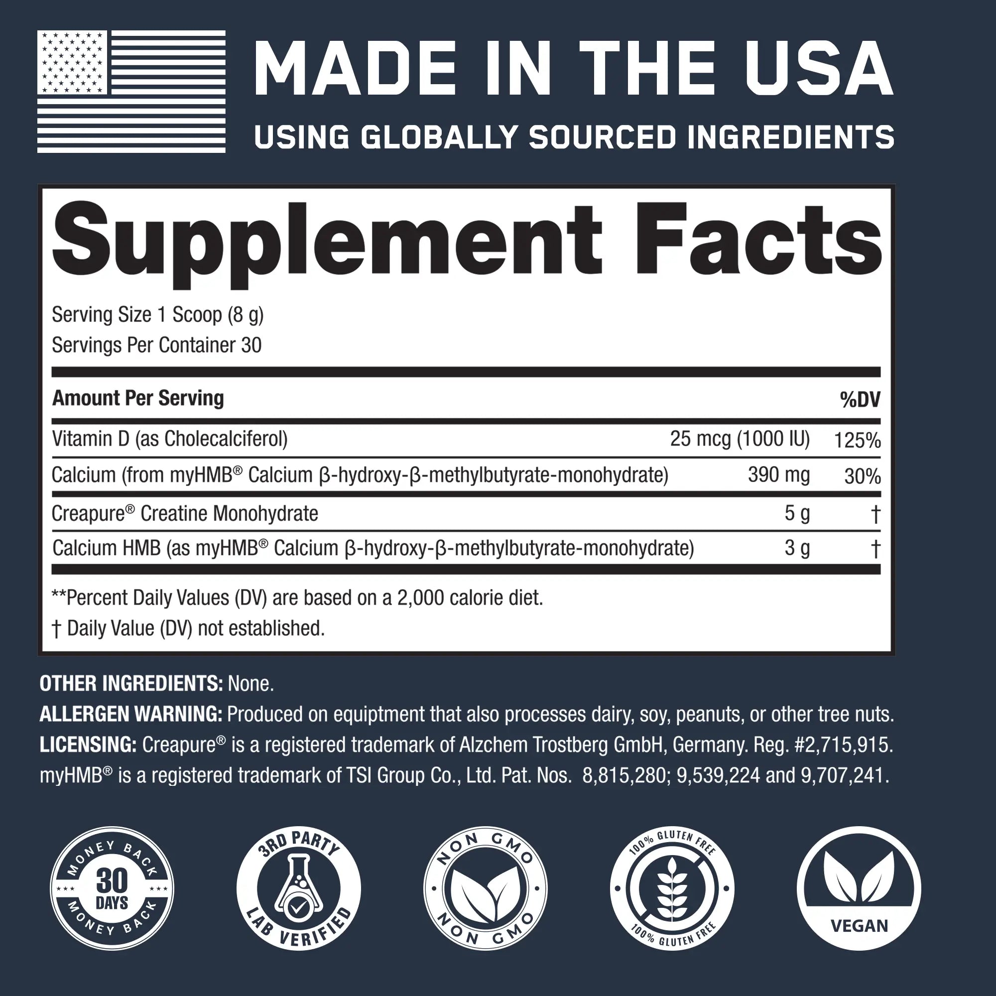 Supplement label for SteelFit® Creatine + HMB, highlighting key ingredients: Creapure® Creatine, myHMB®, Vitamin D; non-GMO, gluten-free, vegan, with quality assurance icons.