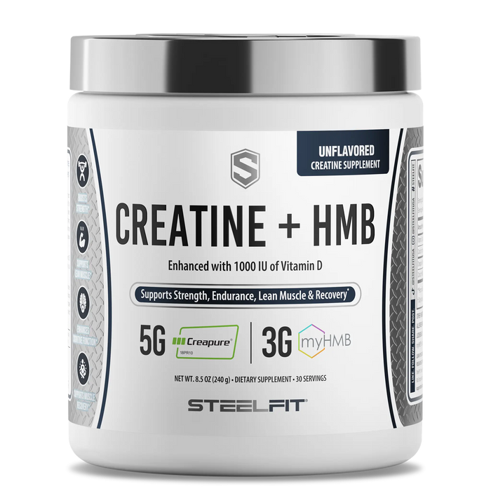 A white plastic tub of STEELFIT Creatine + HMB dietary supplement with a silver lid, on a white background.