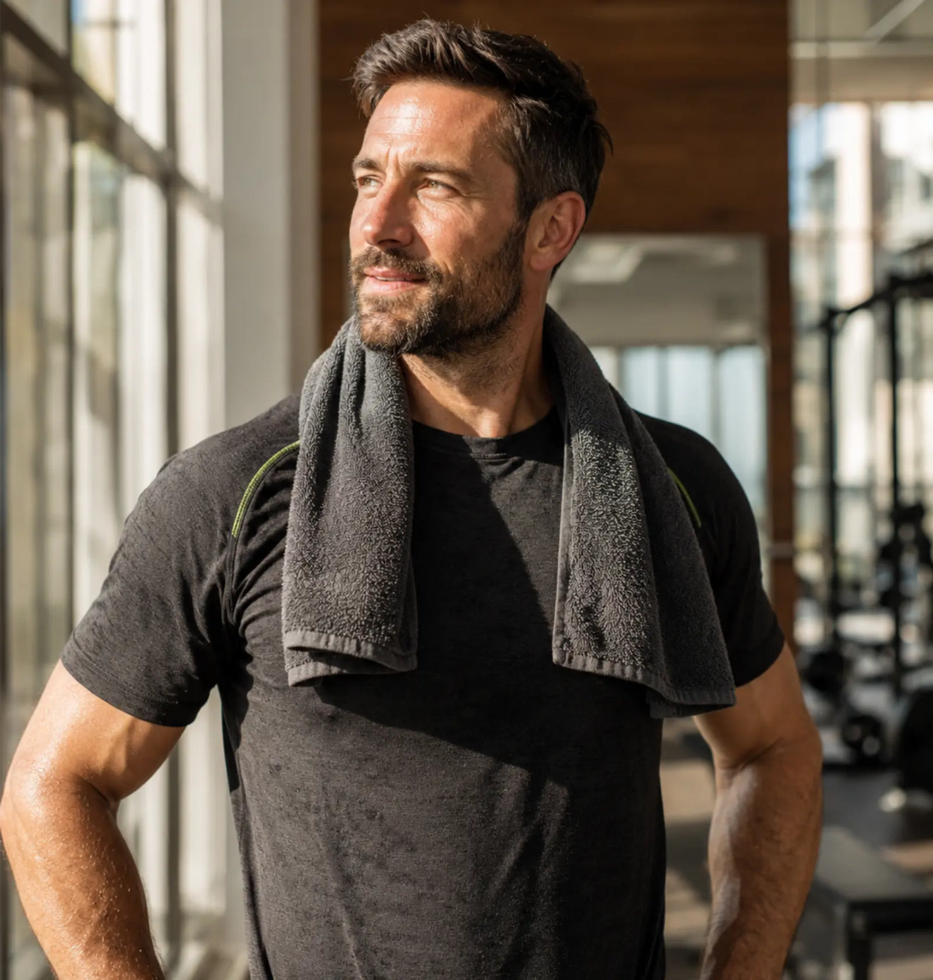 Man with a towel around his neck in a gym setting