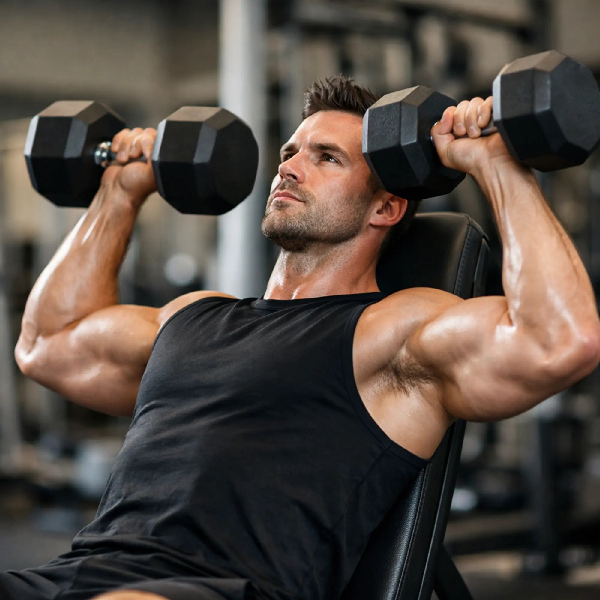 Man lifting dumbbells in a gym setting