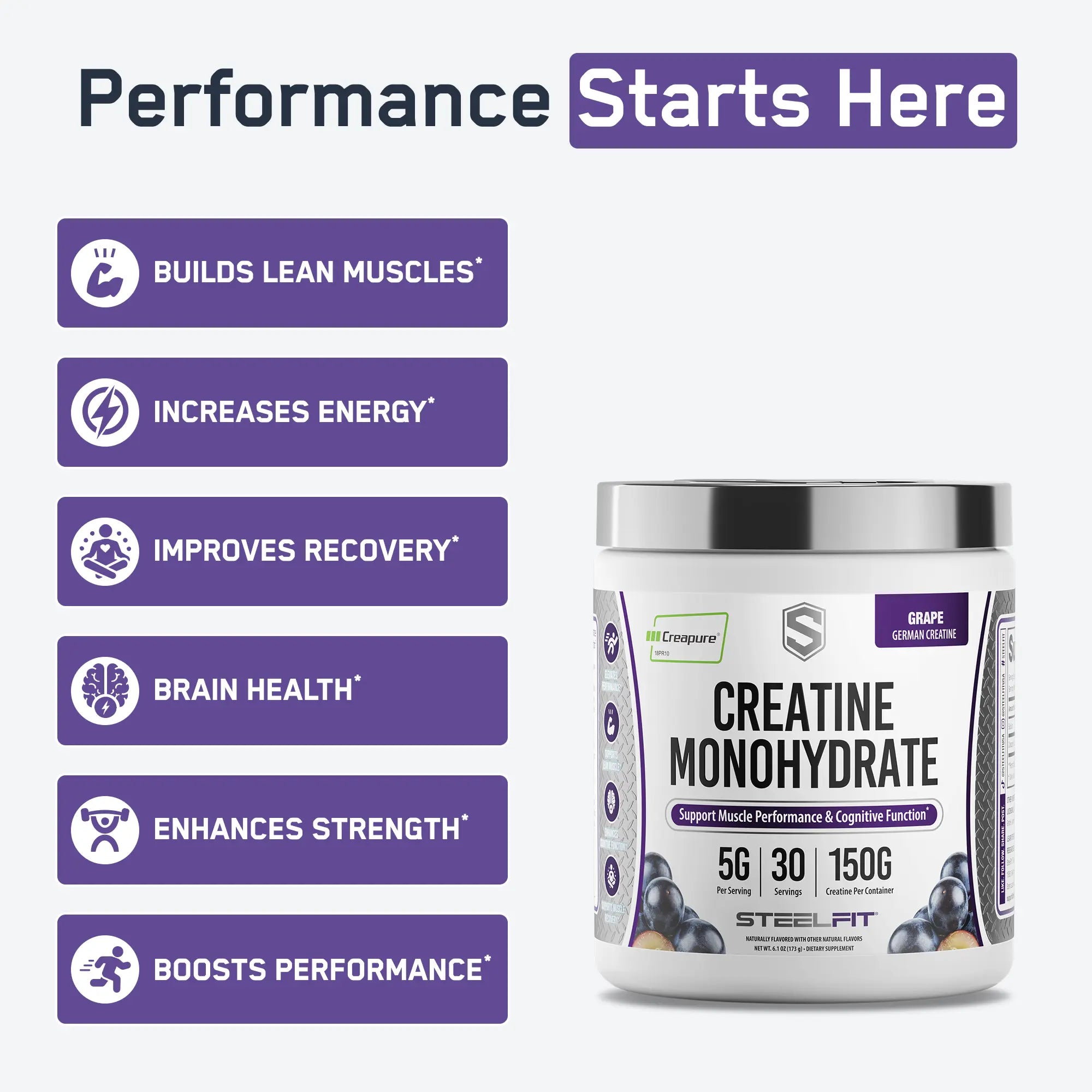 SteelFit Creatine Monohydrate (Flavored) tub with Creapure®; highlights muscle building, energy boost, recovery, brain support, strength, and performance benefits; grape flavor, 30 servings.