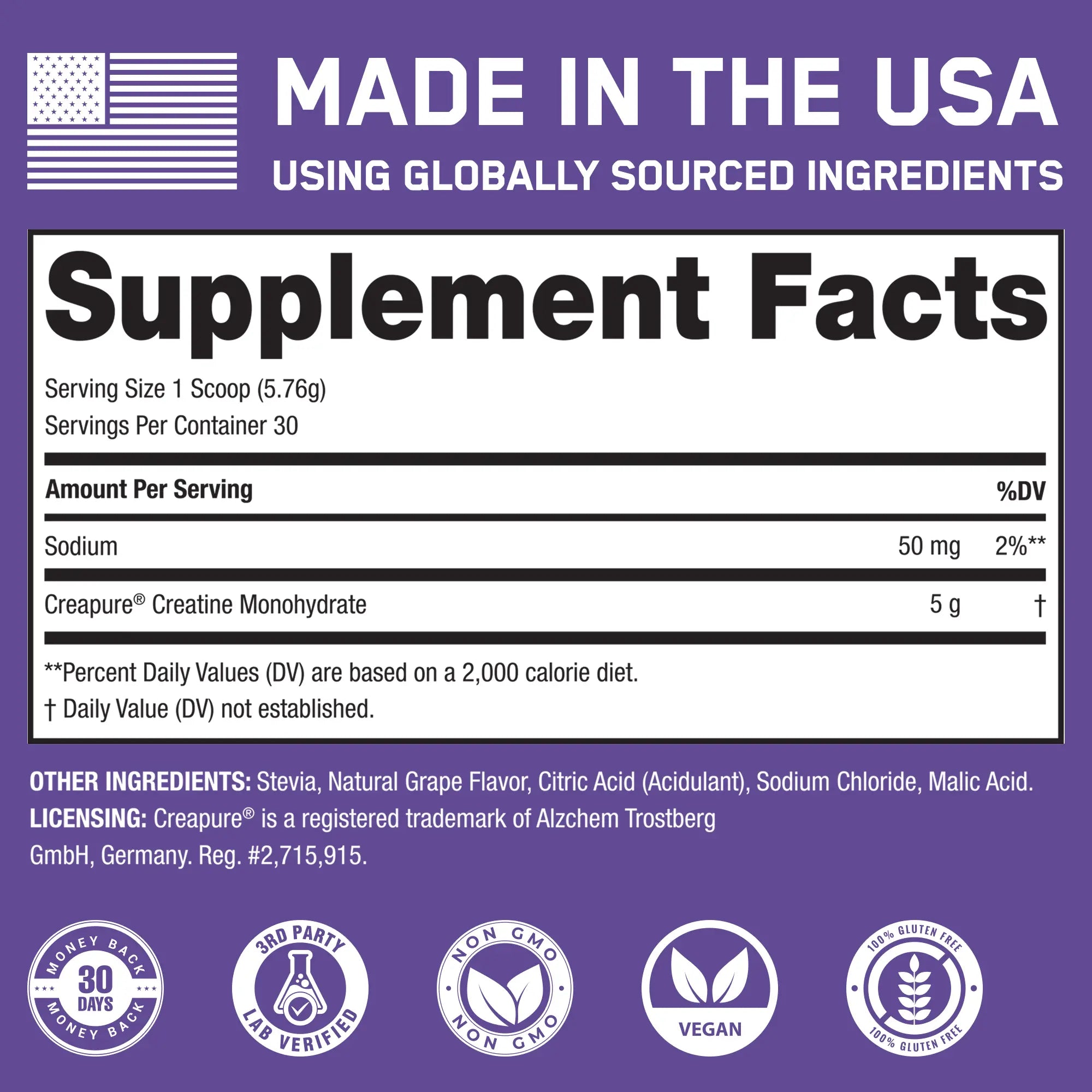 Creatine Monohydrate (Flavored) label detailing 5g Creapure® per serving, vegan, non-GMO, enhances performance and recovery, with 30 servings per container.