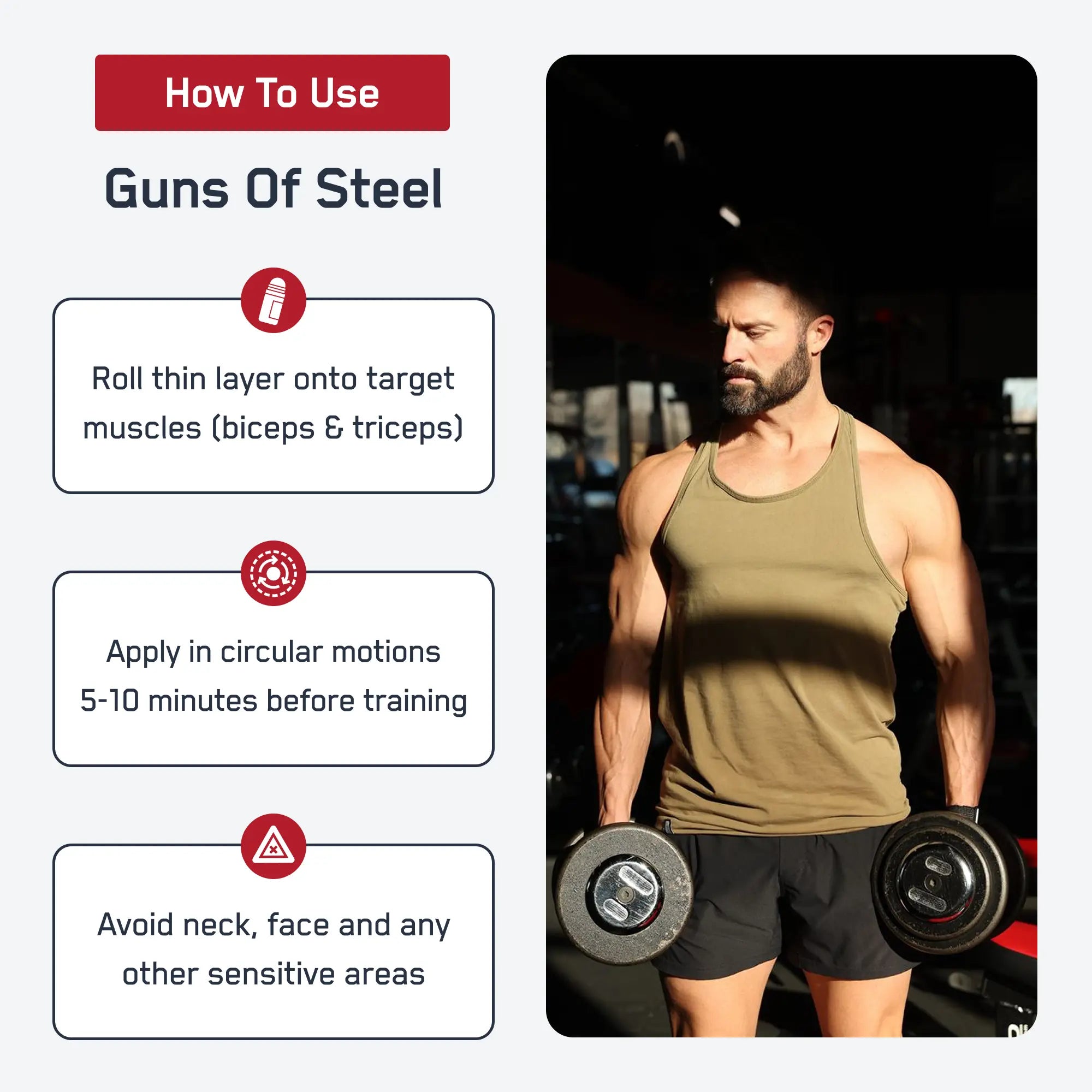 Guns of Steel® usage guide with a muscular man in a gym, showcasing pre-training liquid application for enhanced bicep and tricep workouts.