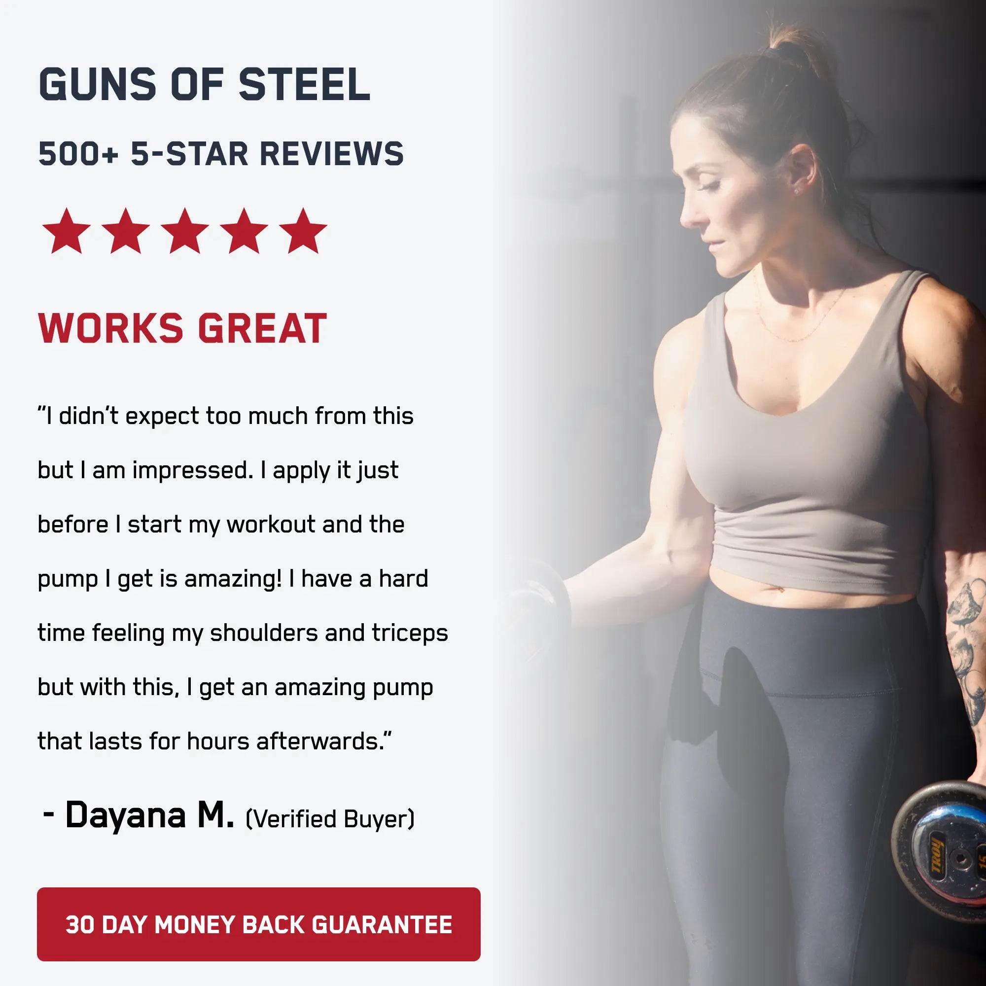 Guns of Steel® fitness ad featuring a fit woman curling dumbbells, emphasizing a powerful pre-training liquid with D3PA for enhanced muscle pump and workout intensity.