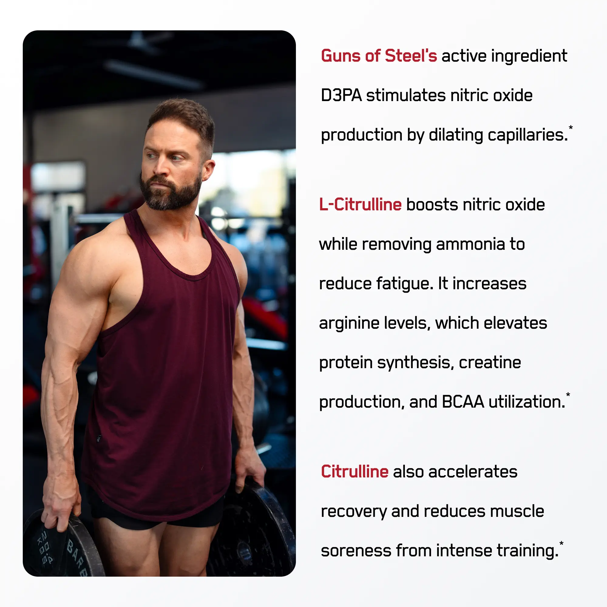 Muscular man in gym holding weights; text highlights Guns of Steel® Pre-Training Liquid with D3PA, boosting nitric oxide for enhanced workouts and muscle recovery.