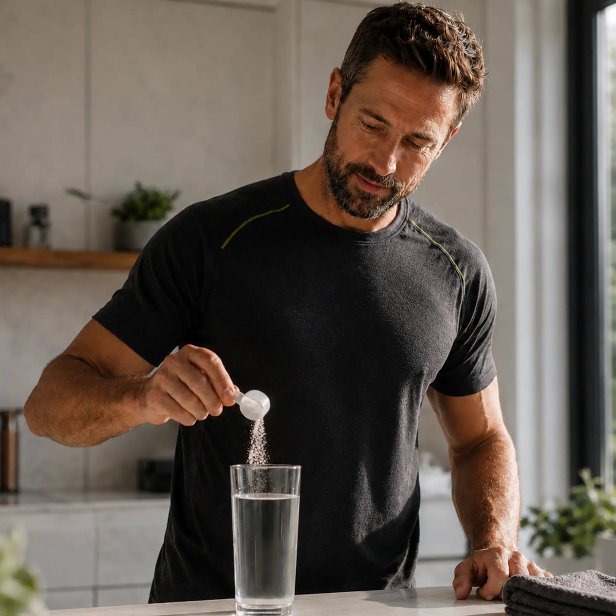 Man adding a spoonful of sugar to a glass of water in a kitchen.
