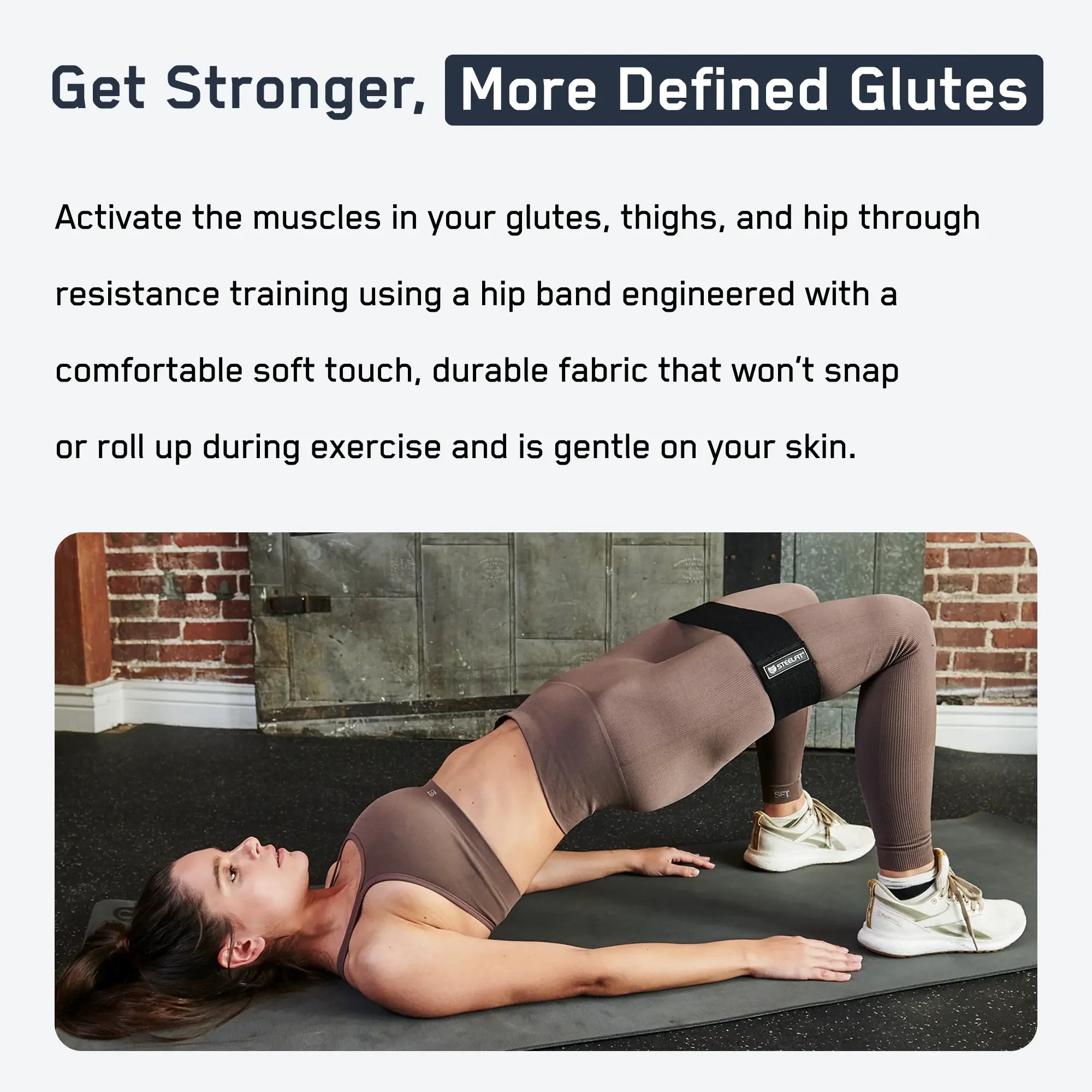 Woman performs glute bridge using Hip Band on a yoga mat, showcasing its durability and comfort for effective resistance training.