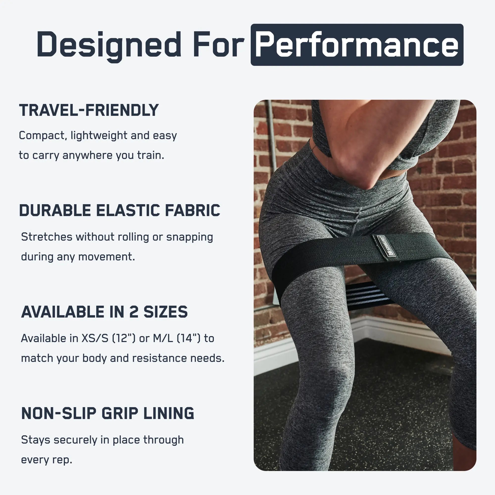 Hip Band in use for exercise, illustrating its travel-friendly, durable design with non-slip grip, ideal for enhancing glute and thigh workouts.