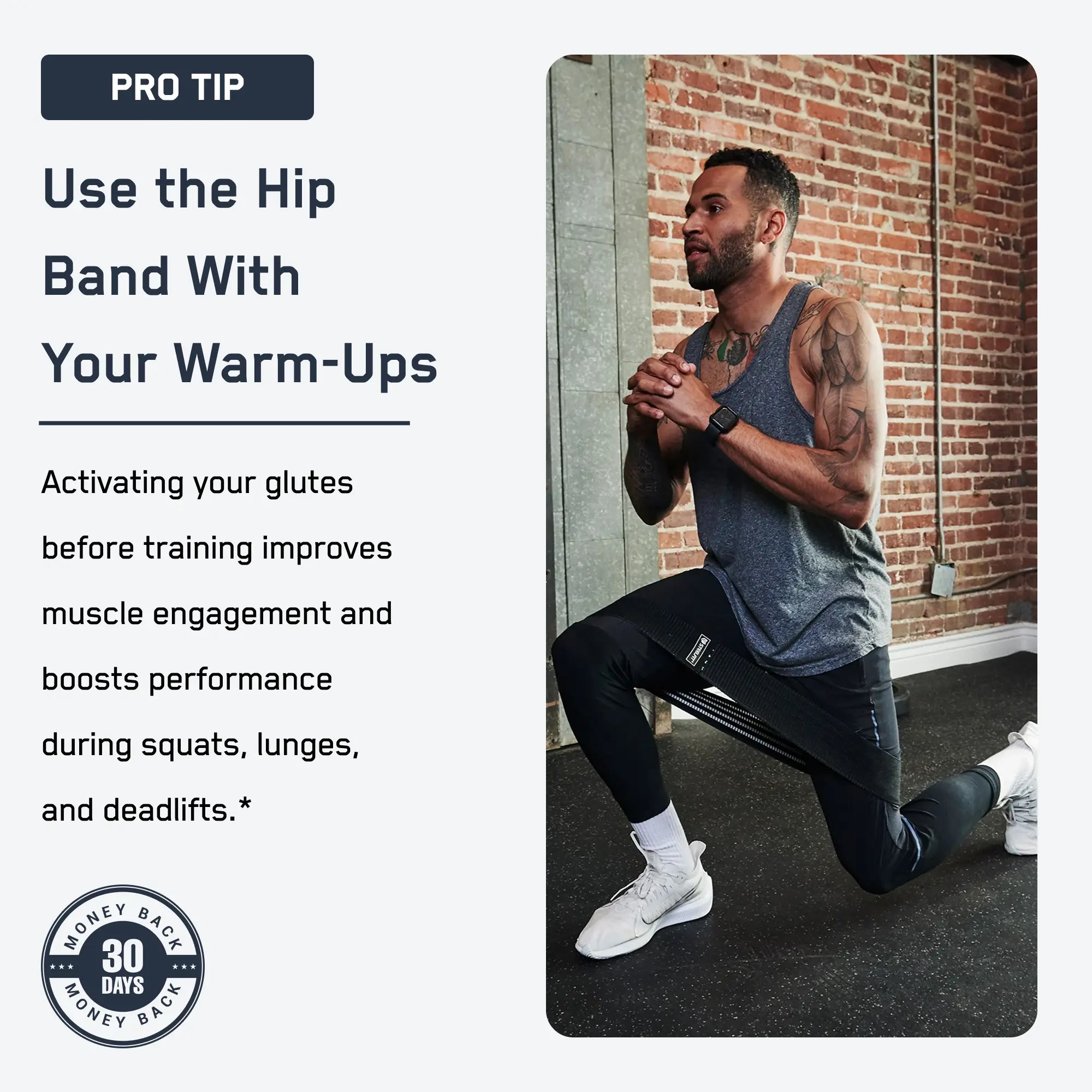 Hip Band in use during a gym lunge exercise, showcasing muscle activation and resistance benefits with durable, soft-touch fabric and reinforced seams for effective workouts.