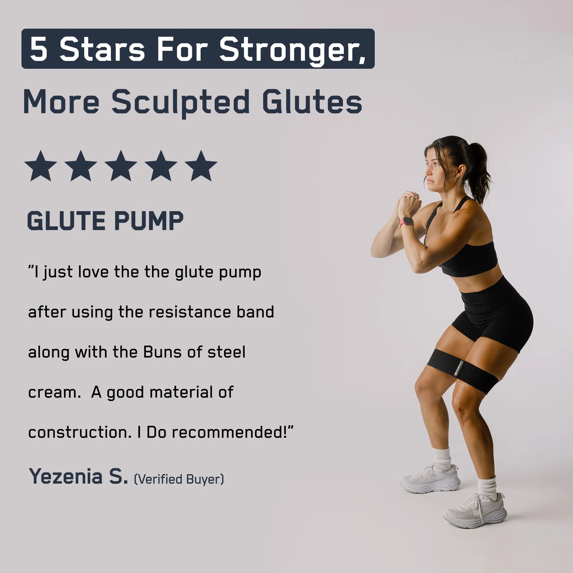 Woman using Hip Band for glute workout, highlighted by customer testimonial praising its effectiveness and durability, with five-star rating for enhanced fitness results.