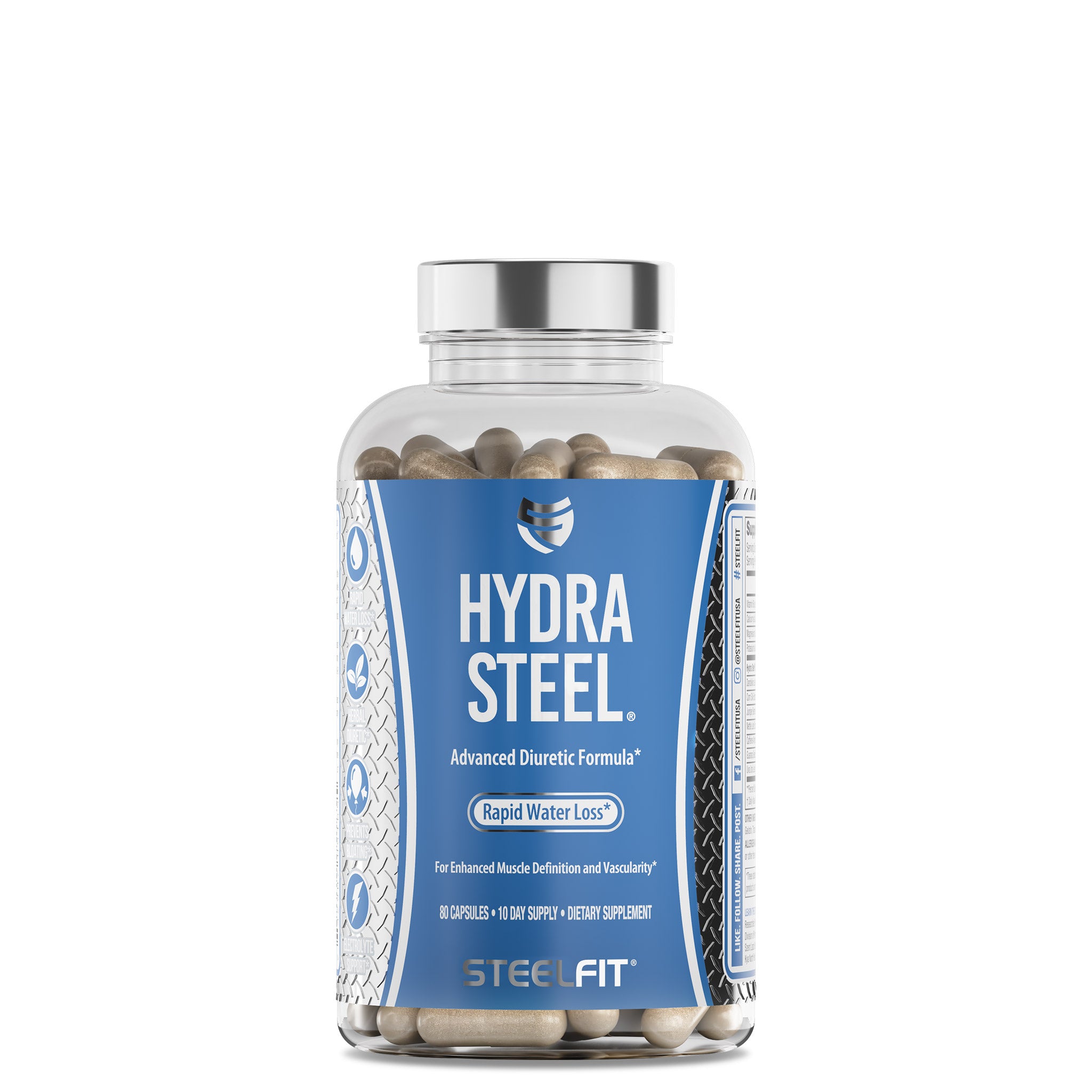 Hydra Steel® all-natural herbal diuretic in a clear container with a blue label, designed to reduce water weight and enhance muscle definition.