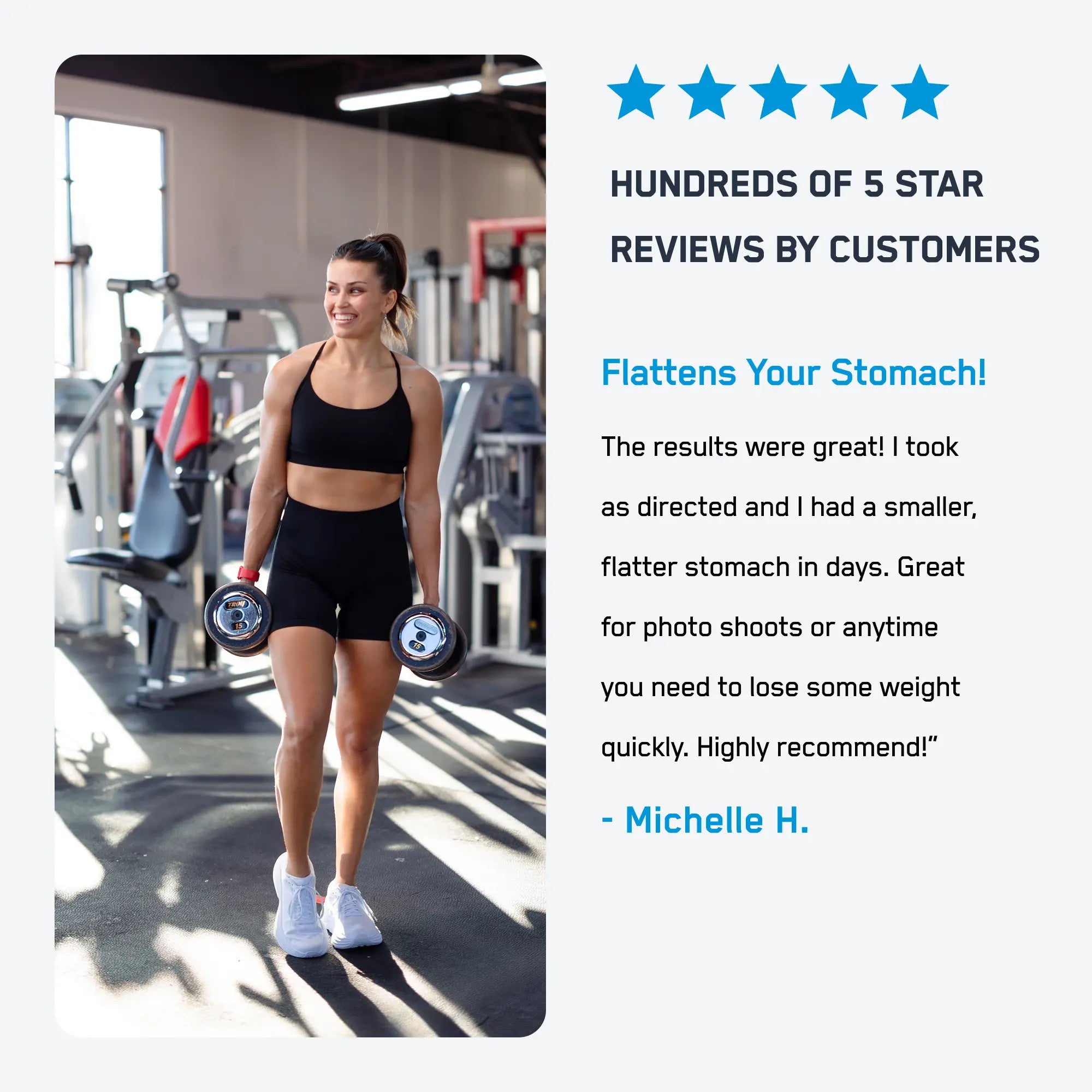 Young woman in gym holding dumbbells, promoting Hydra Steel®, an all-natural herbal diuretic for rapid water weight loss and enhanced muscle definition.
