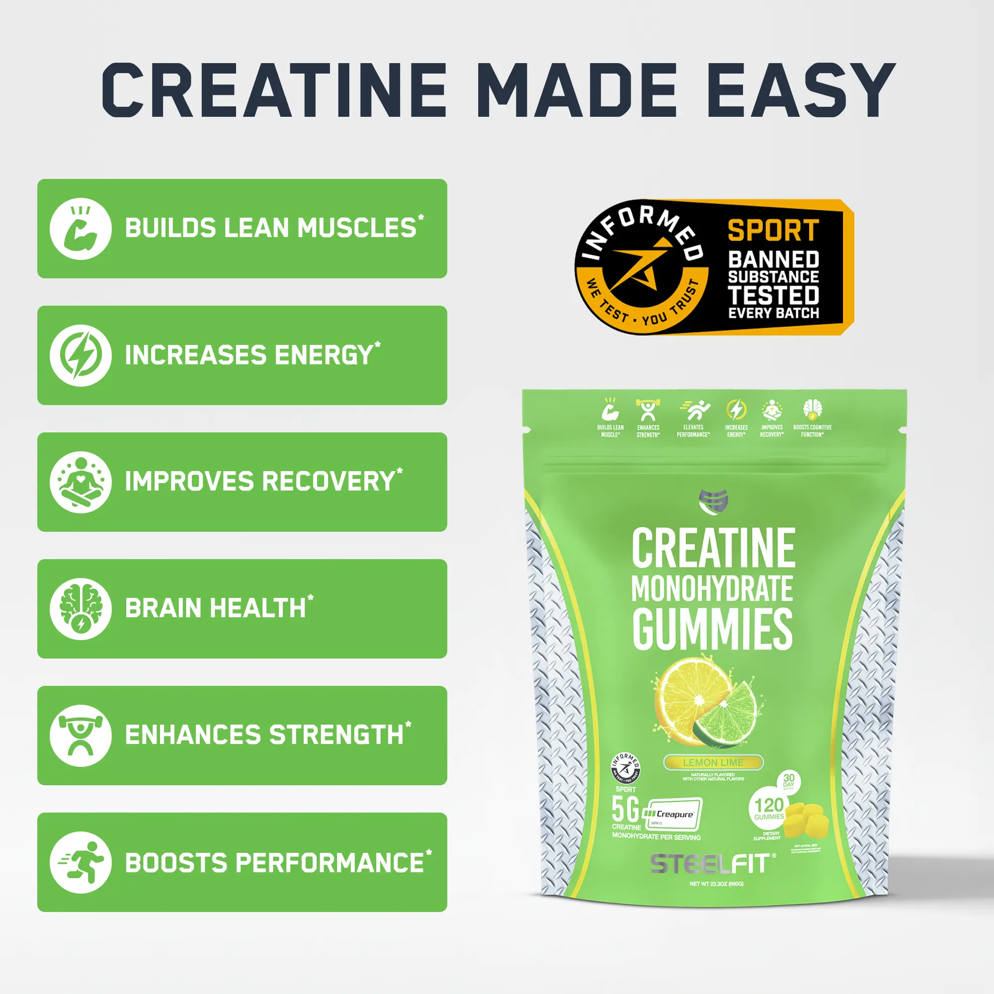 SteelFit Creatine Monohydrate Gummies promotional image highlighting key benefits, 5g Creapure® per serving, and Informed Sport certification for enhanced workout performance.