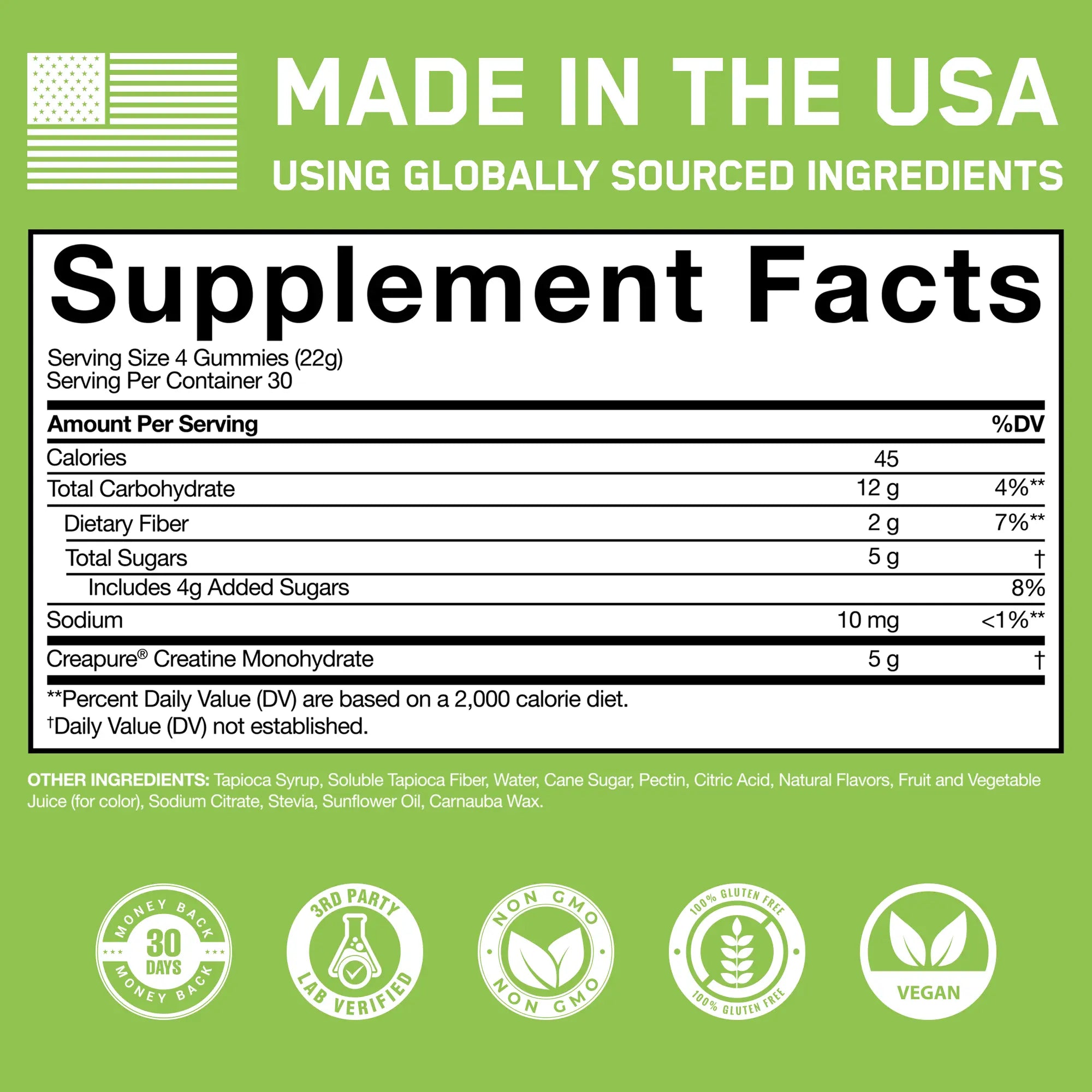 Creatine Monohydrate Gummies label with supplement facts, American flag icon, and certifications; featuring 5g Creapure® Creatine, vegan, non-GMO, gluten-free, 30-day guarantee.