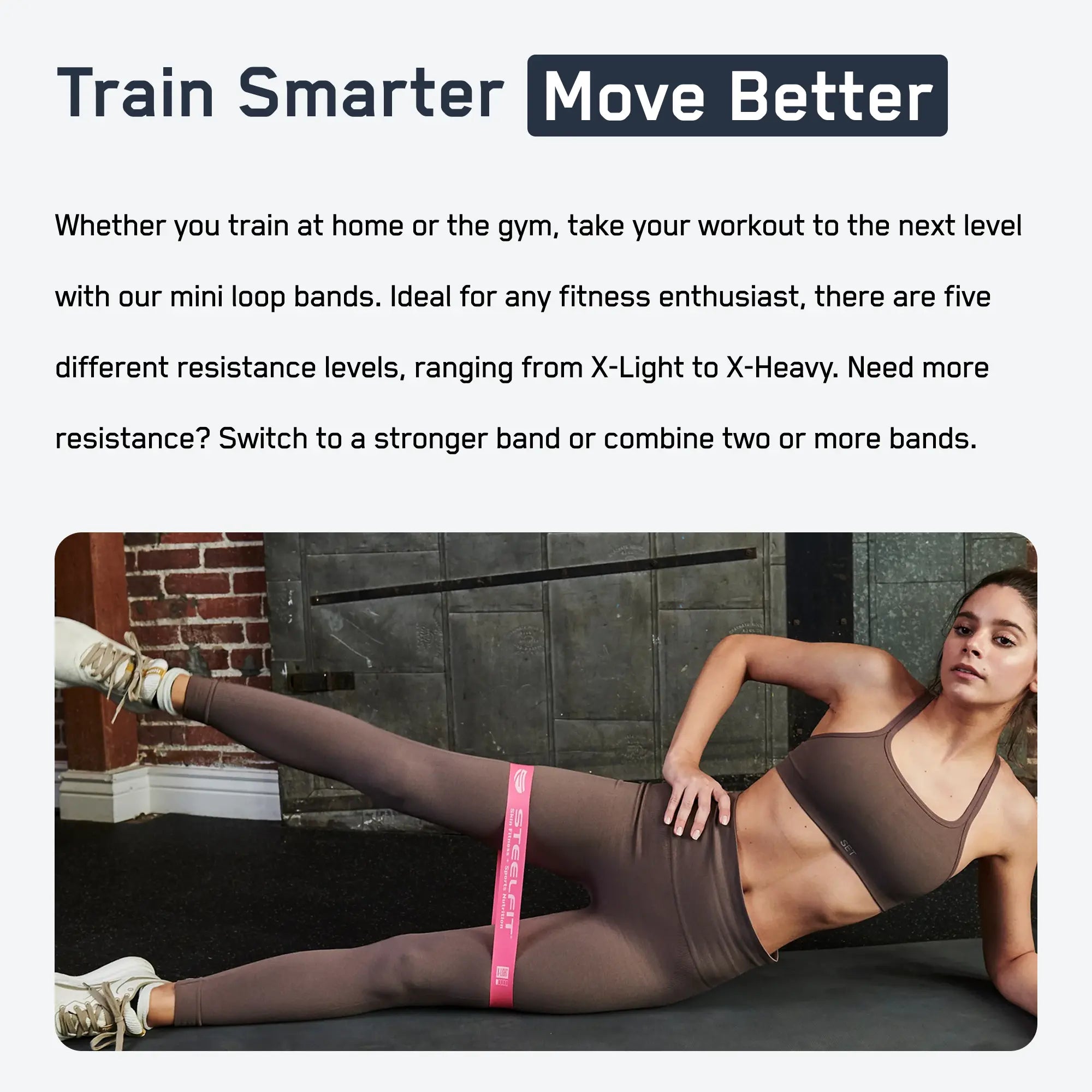 Steel Fit + Tone Starter Bundle: Woman demonstrating a side-leg raise with a STEELFIT mini loop resistance band, enhancing fitness and muscle toning.