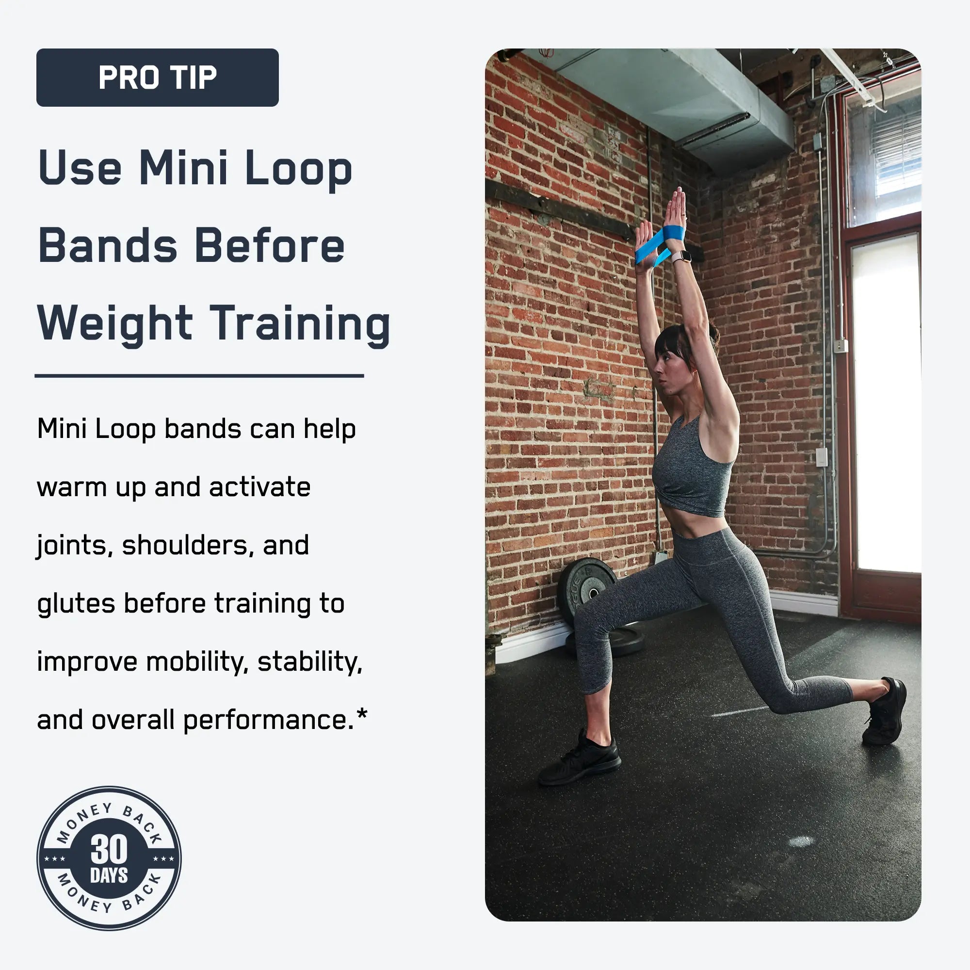 Fit woman using Mini Loop Bands for a warm-up in a gym, demonstrating mobility and stability exercises, with a “30 Days Money Back” badge featured.