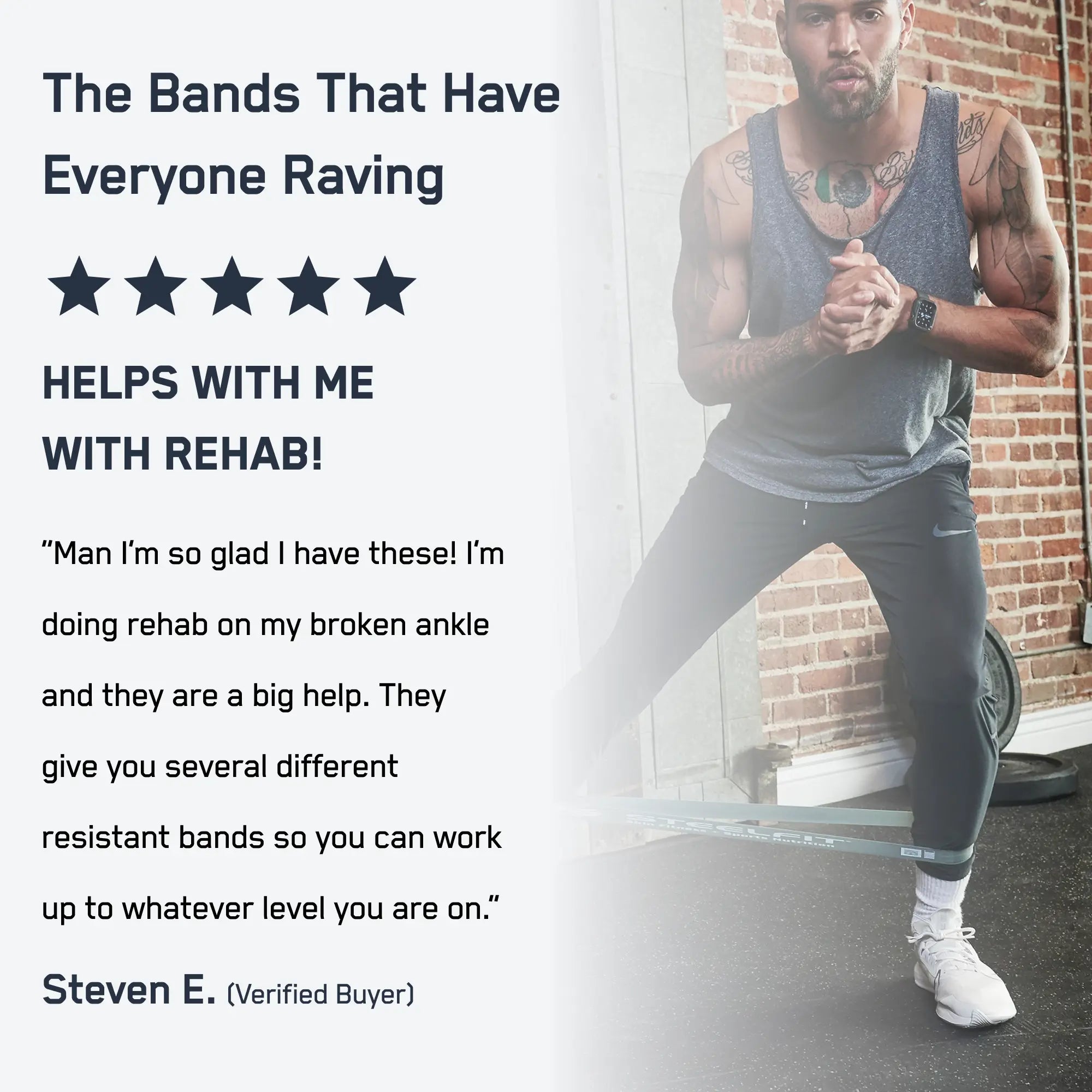 Mini Loop Bands: Athletic man in gym uses resistance bands for a lateral lunge, highlighted for rehab use and progressive resistance levels by Steven E., verified buyer.