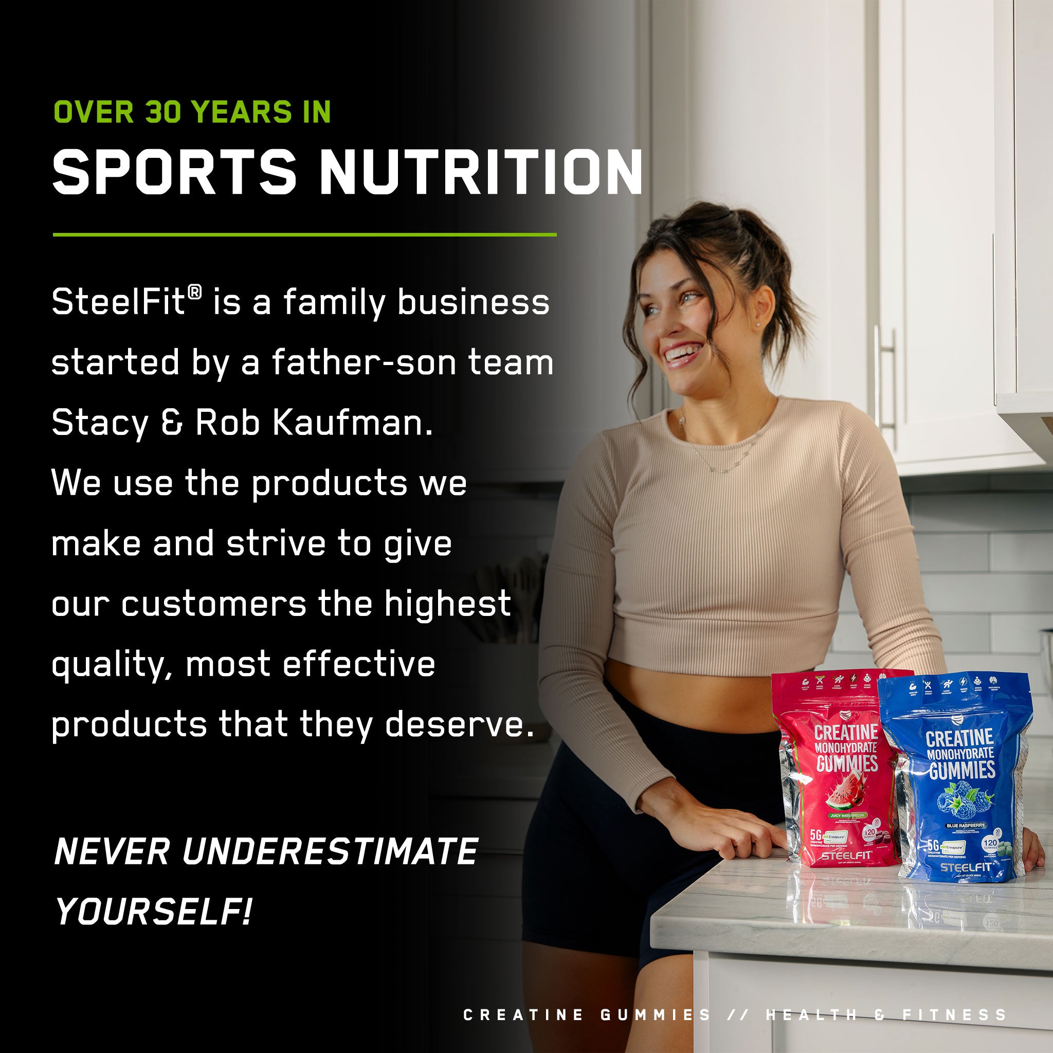 A woman smiles at a counter with SteelFit® Creatine Monohydrate Gummies, emphasizing sports nutrition and fitness enhancement.