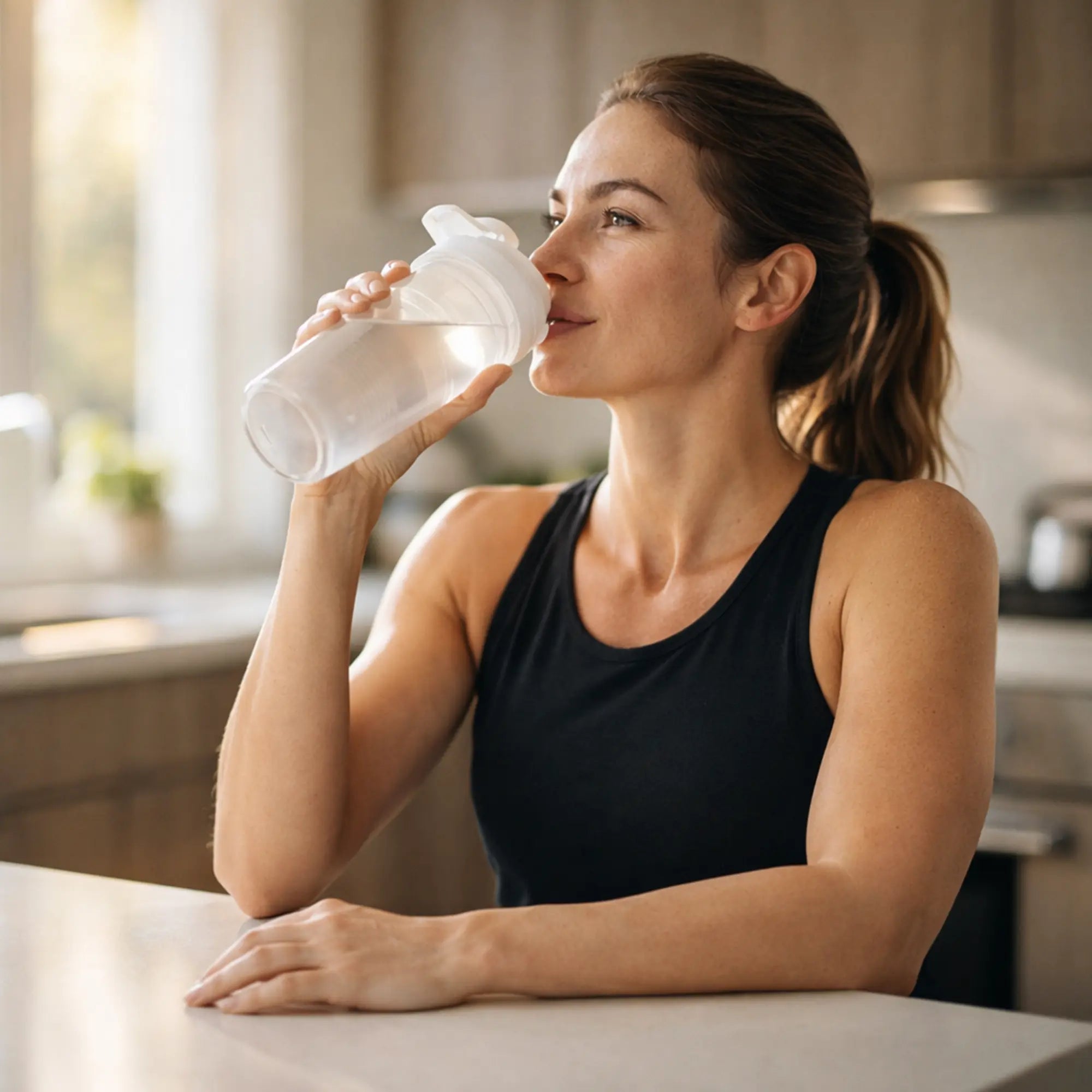 Woman drinking water from a clear plastic bottle in a kitchen.