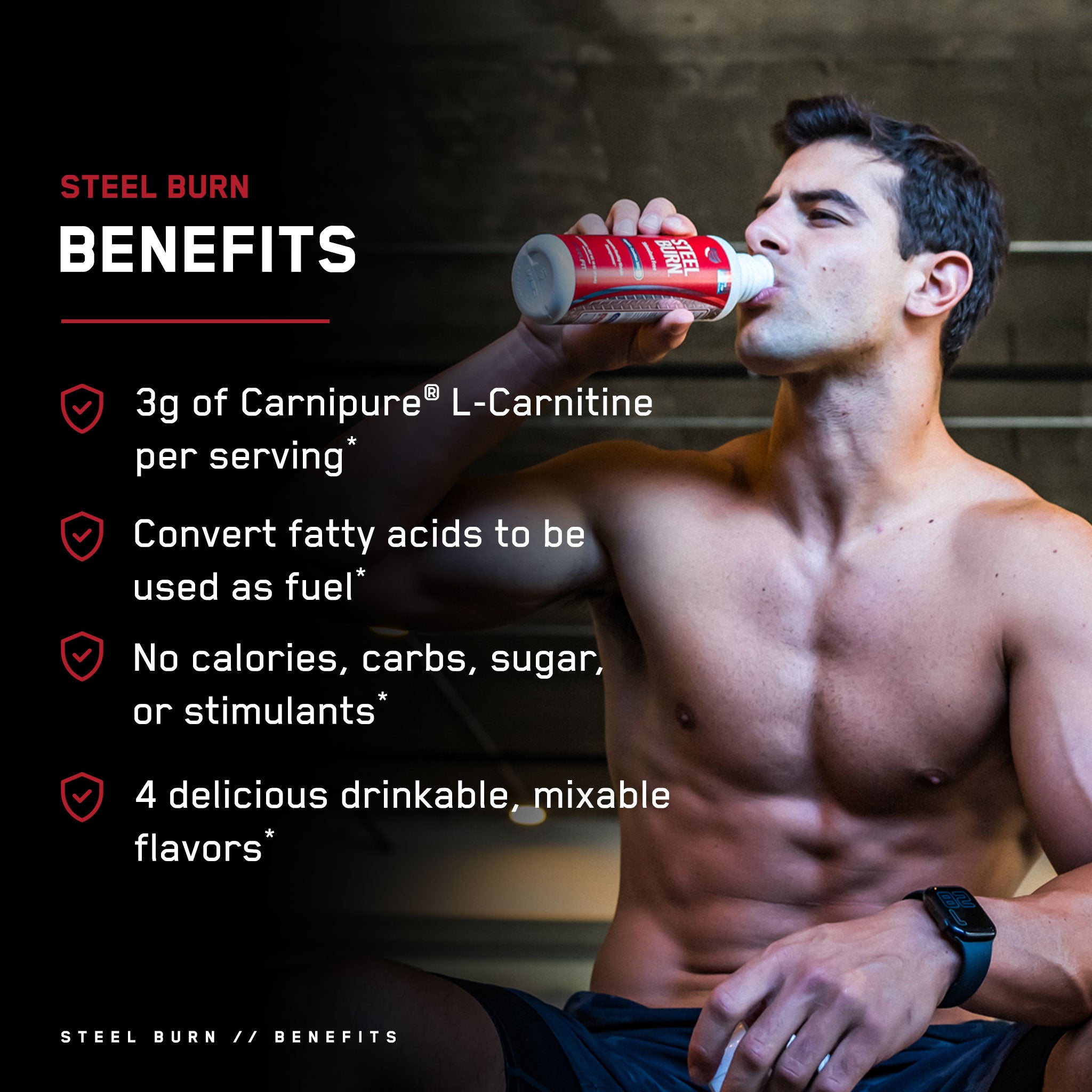 Steel Burn® supplement displayed with a man drinking, highlighting its role in converting fat to energy and supporting weight management without stimulants.