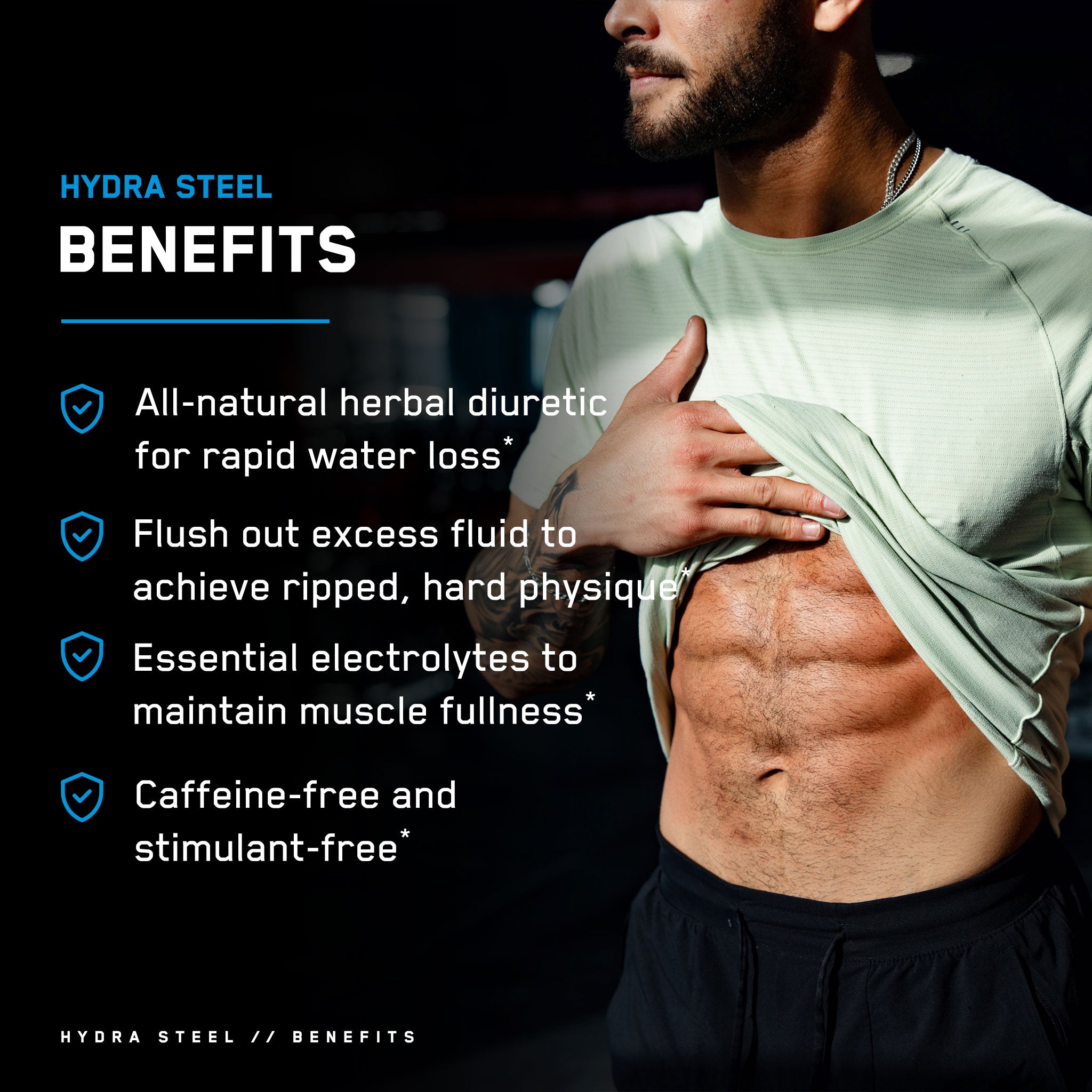 Hydra Steel® herbal diuretic aids muscle definition by reducing water weight, depicted with a focus on a man's toned physique, showcasing its effectiveness.