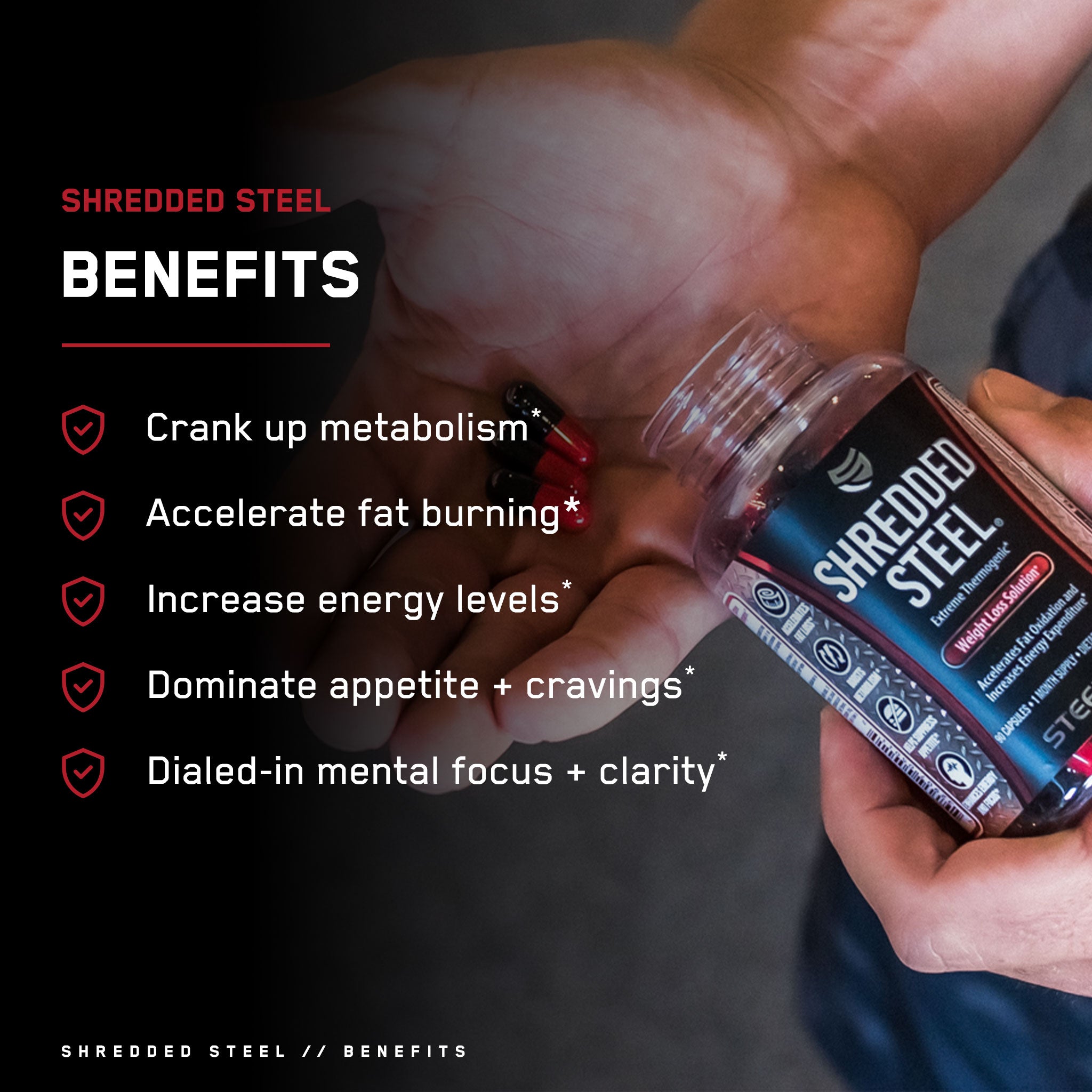 Person holding a Shredded Steel® bottle, a thermogenic weight loss supplement for fat burning and metabolism boosting, offered by SteelFit USA.