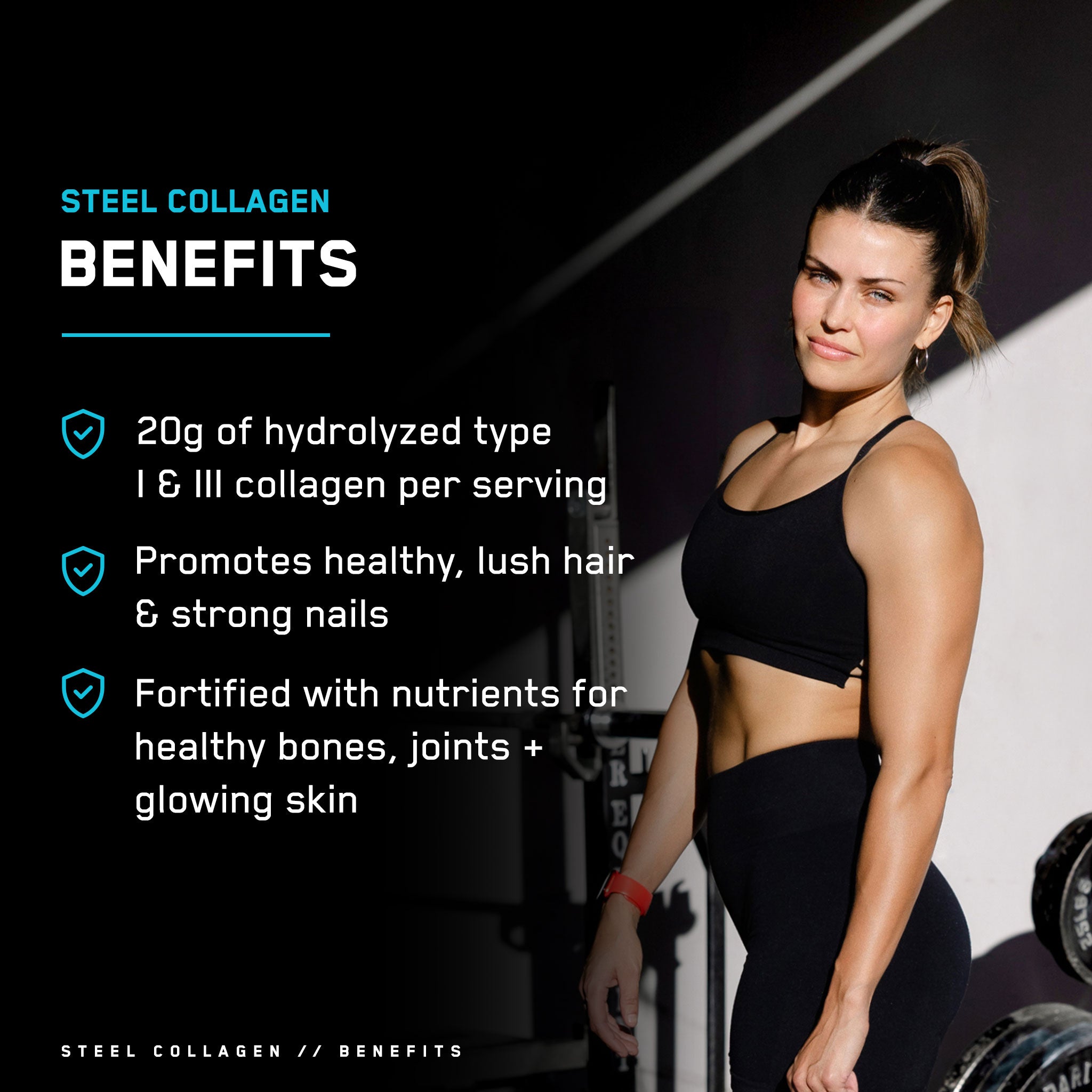 Steel Collagen supplement showcased with a woman in a black sports top, emphasizing benefits for healthy hair, skin, nails, and joints.