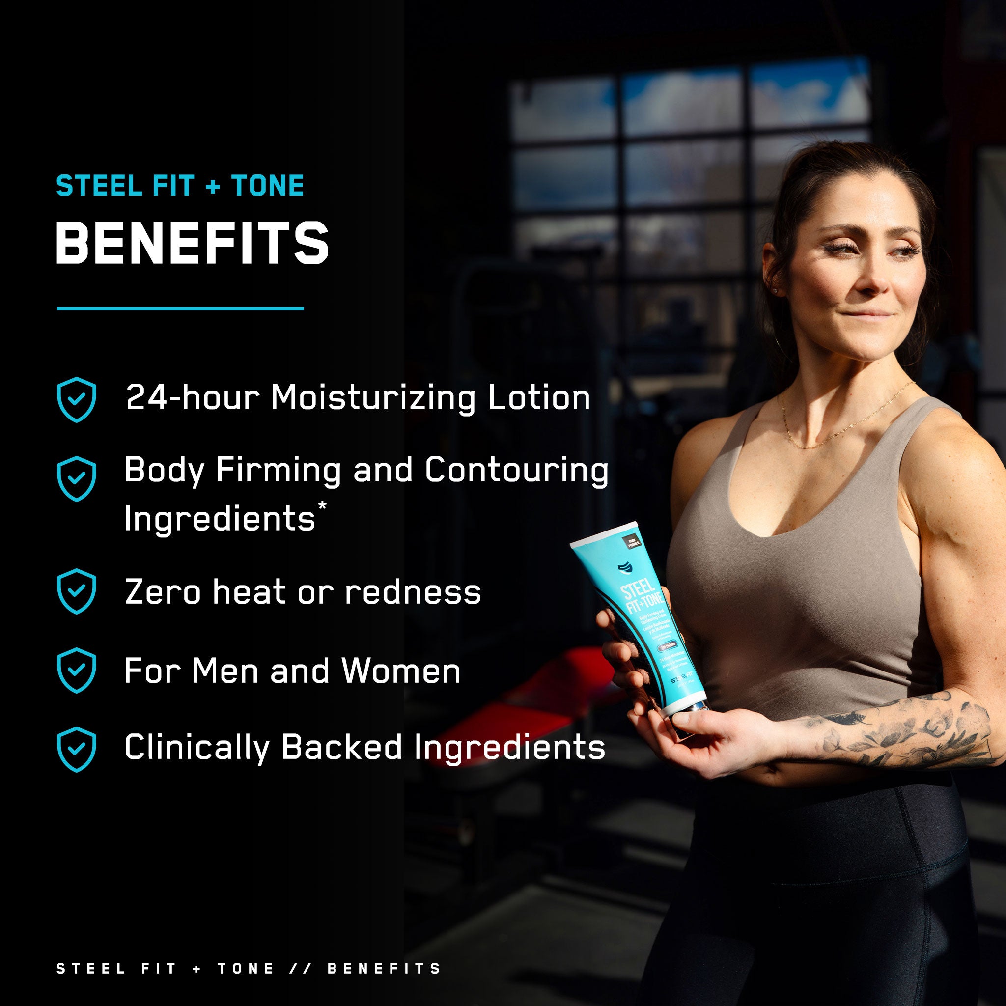 Woman holding Steel Fit + Tone cream tube, part of the Starter Bundle with mini loop bands, ideal for enhancing beauty and fitness routines.